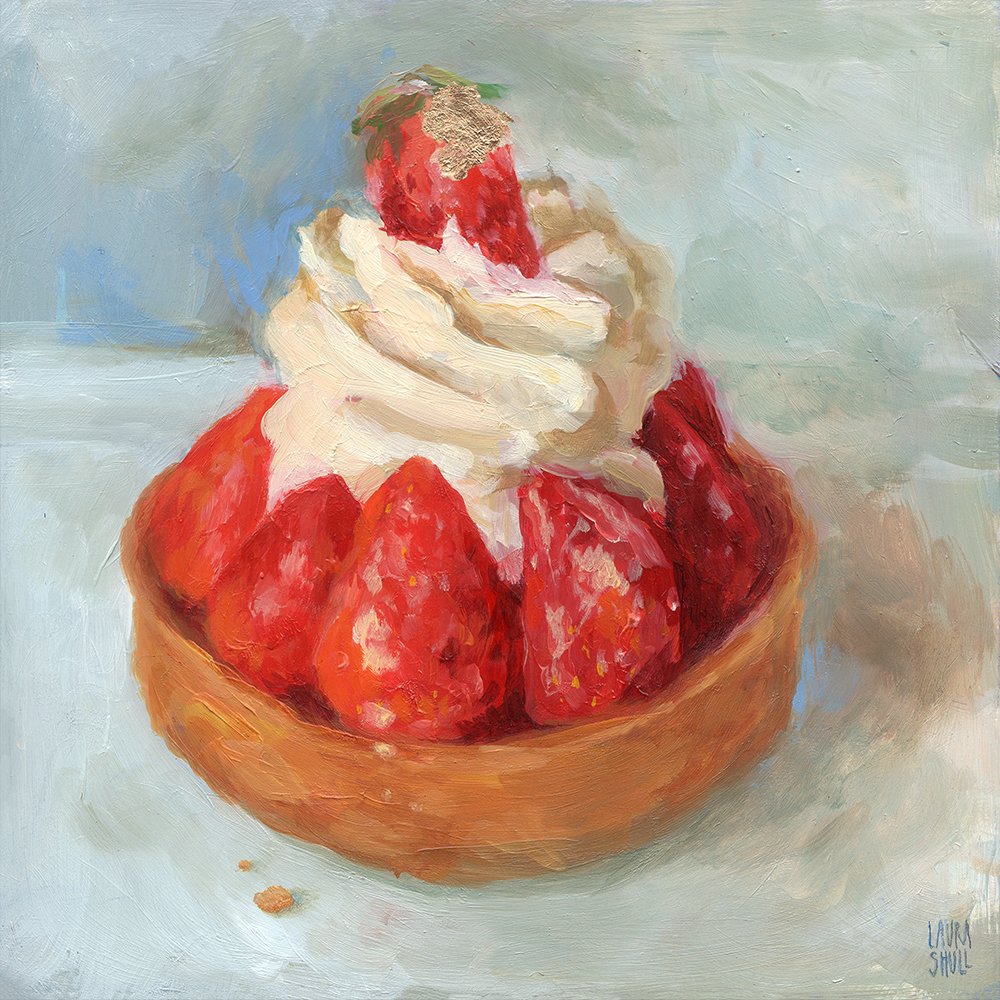 Close up view of a pastry tart piled high with glazed red strawberries and piped whipped cream topping. Realist food oil painting by Laura Shull.