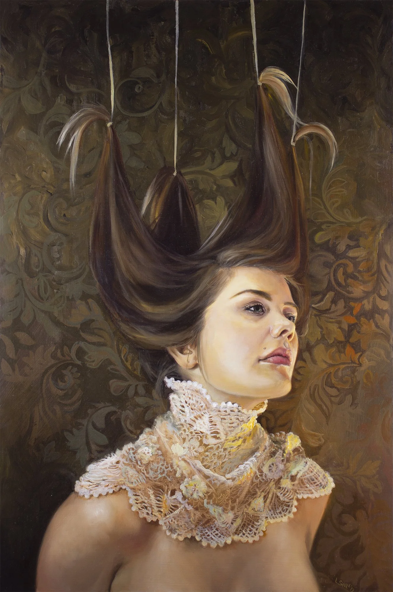 Surrealist portrait of a woman looking upward, her long hair suspended above her by strings, wearing an intricate vintage lace collar. Oil painting by Laura Shull.