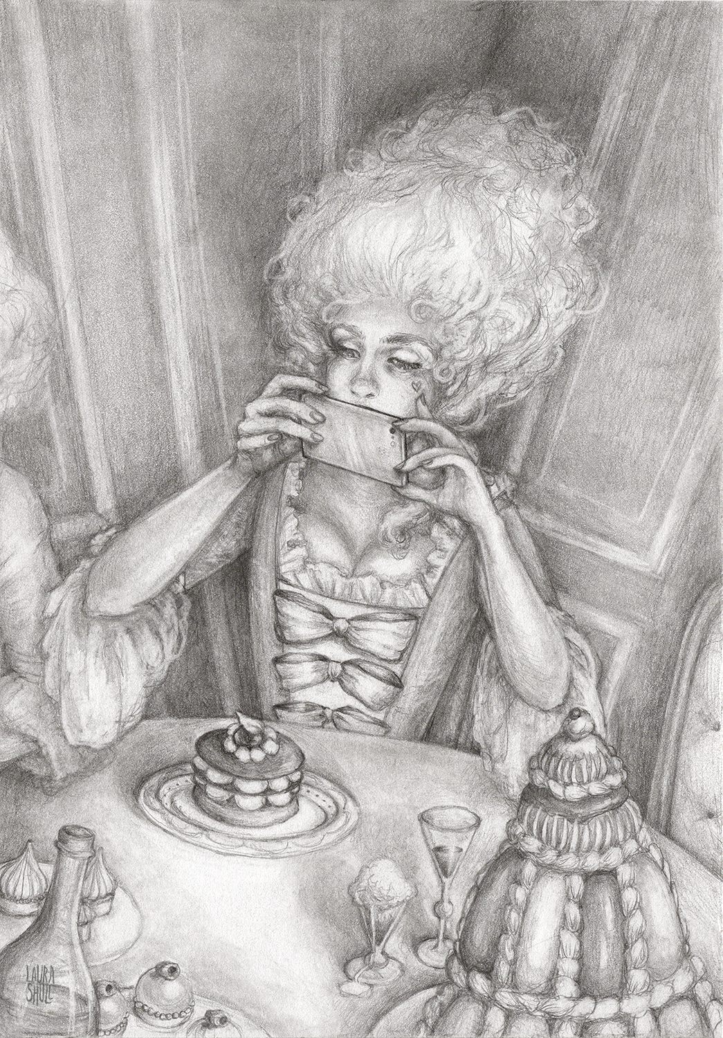 Monochrome pencil drawing of woman in rococo attire holding smartphone over cake at ornate dinner table. Sketch titled The Dinner Party Sketch by Laura Shull.