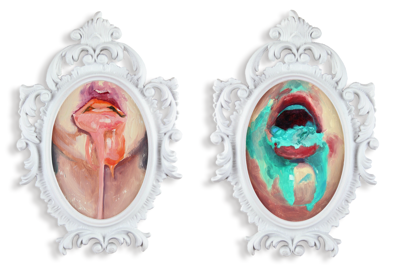 A pair of oval oil paintings featuring intimate close ups of mouths smeared with dripping pink and turquoise frosting, housed in matching white baroque frames. Fine art diptych by Laura Shull.
