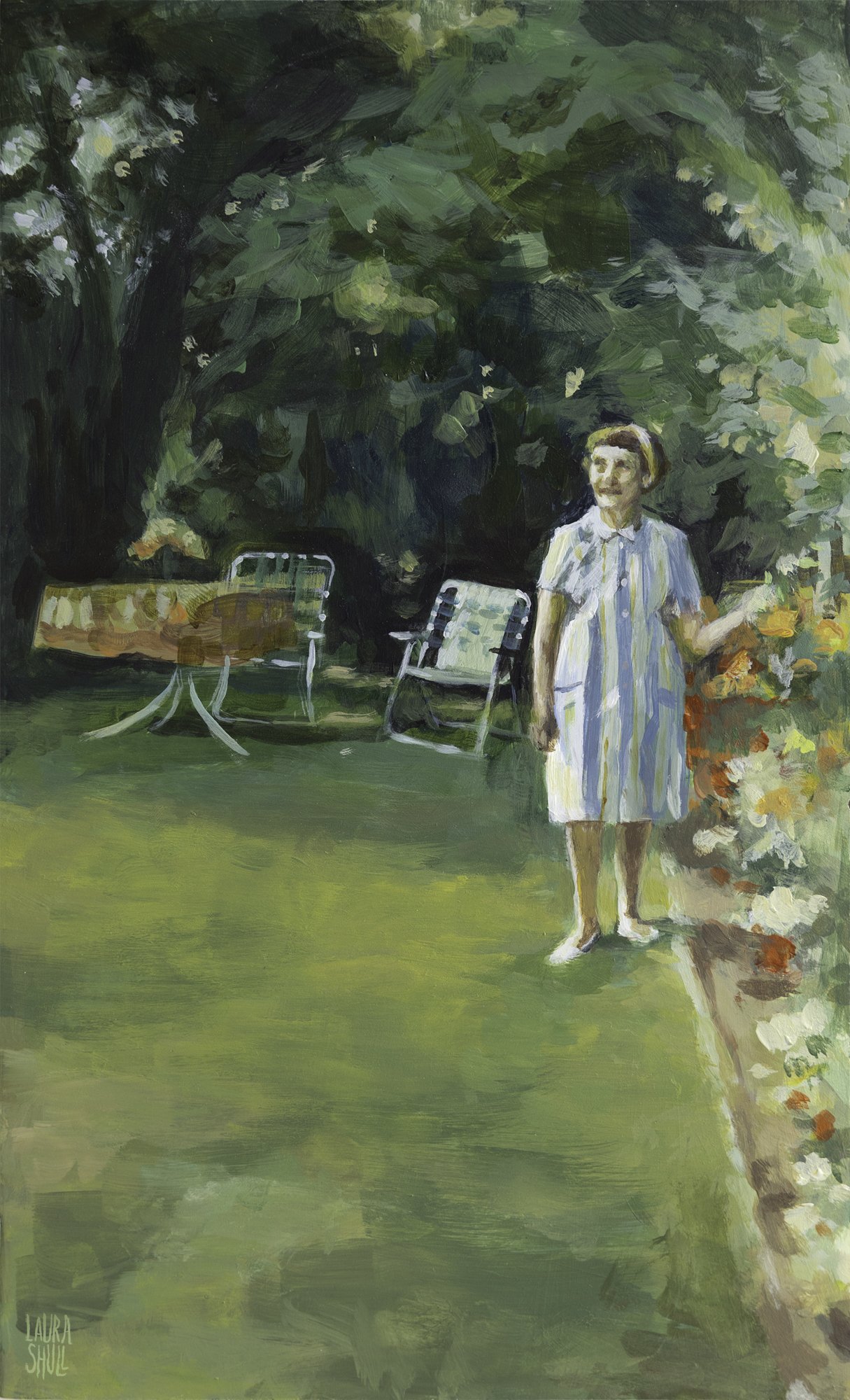 1960s vintage photograph style woman in light striped dress stands near colorful flower beds in a lush green backyard garden with lawn chairs. Impressionist acrylic painting by Laura Shull.