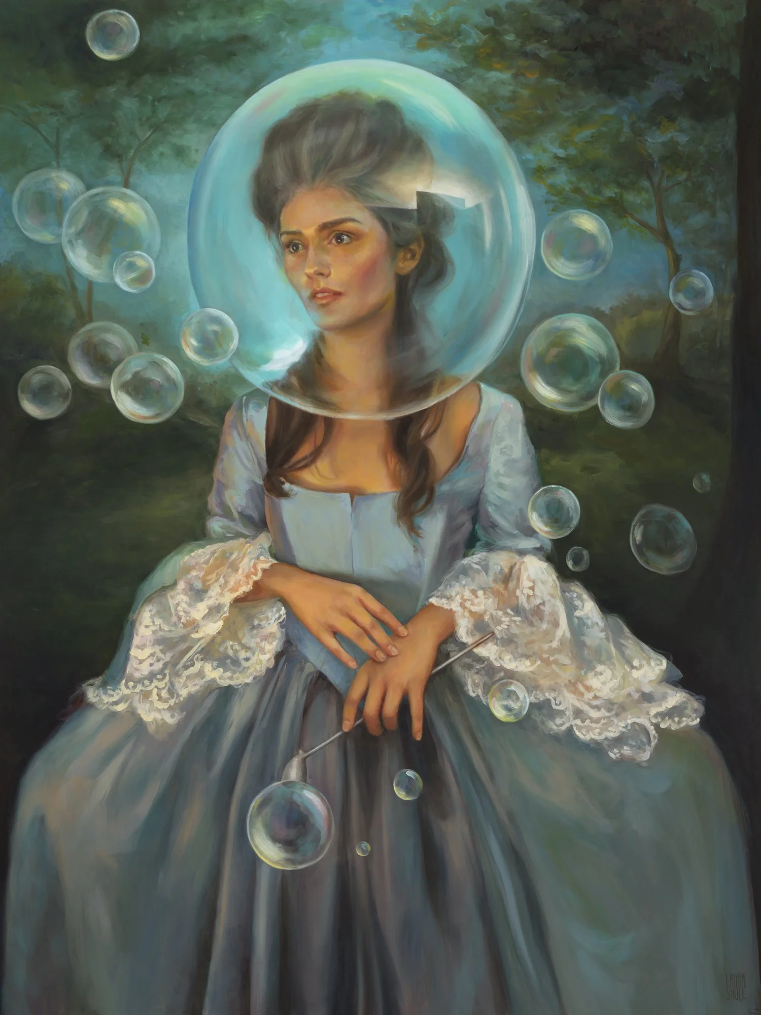 Woman in classical blue lace gown stands in dark woods with large clear bubble over her head and floating bubbles. Oil painting titled The Bubble by Laura Shull.