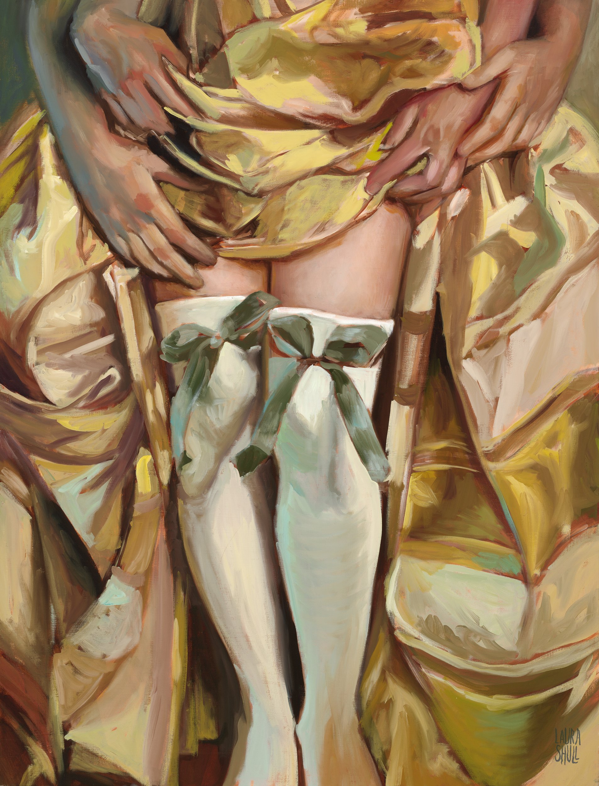 Close up of hands lifting voluminous yellow and gold silk gown to reveal white thigh high stockings with green bows. Oil painting titled La Femme by Laura Shull.