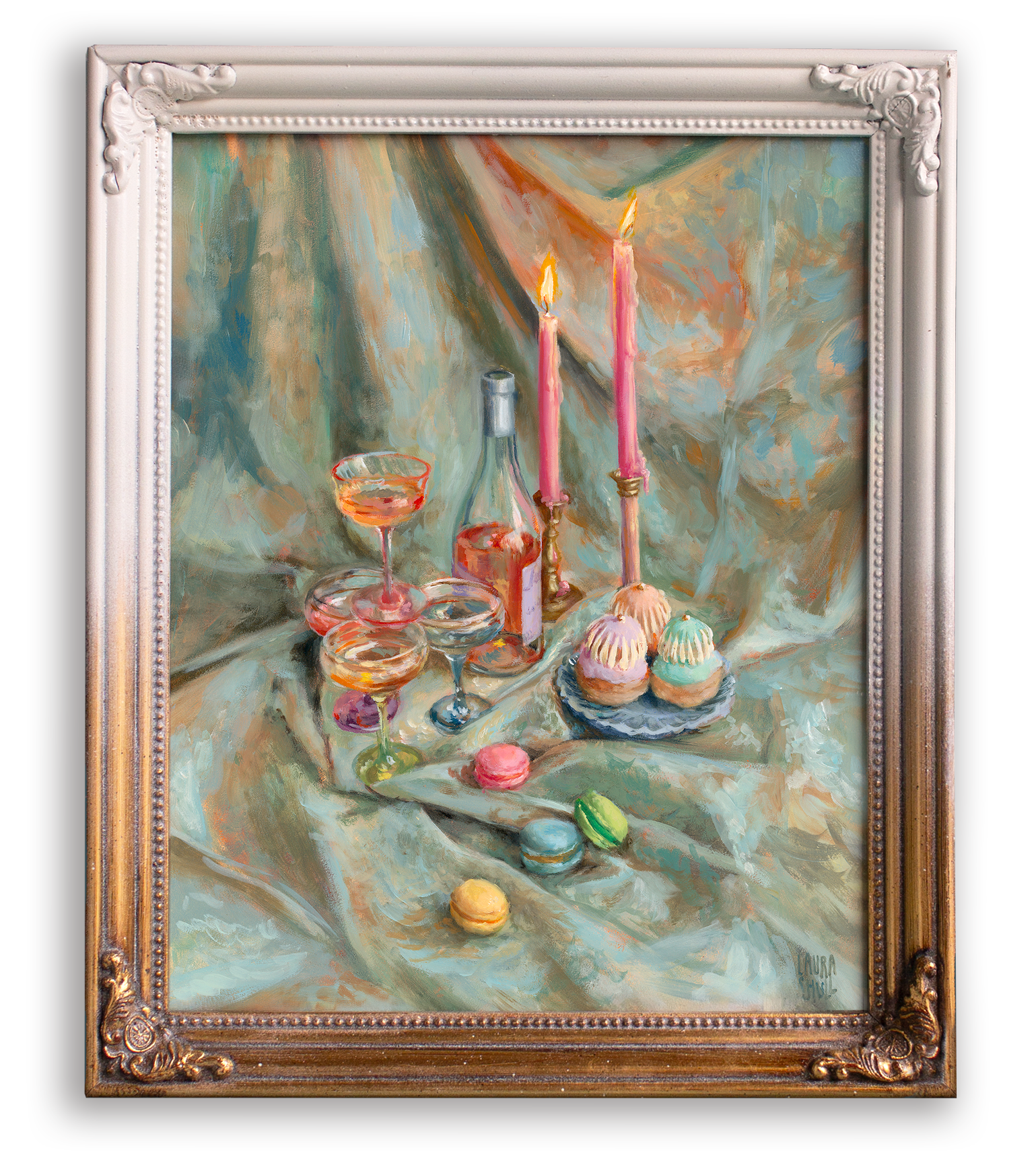 Glistening champagne coupes, wine bottle, pink lit candles, and colorful macarons arranged on draped fabric. Still life oil painting by Laura Shull.