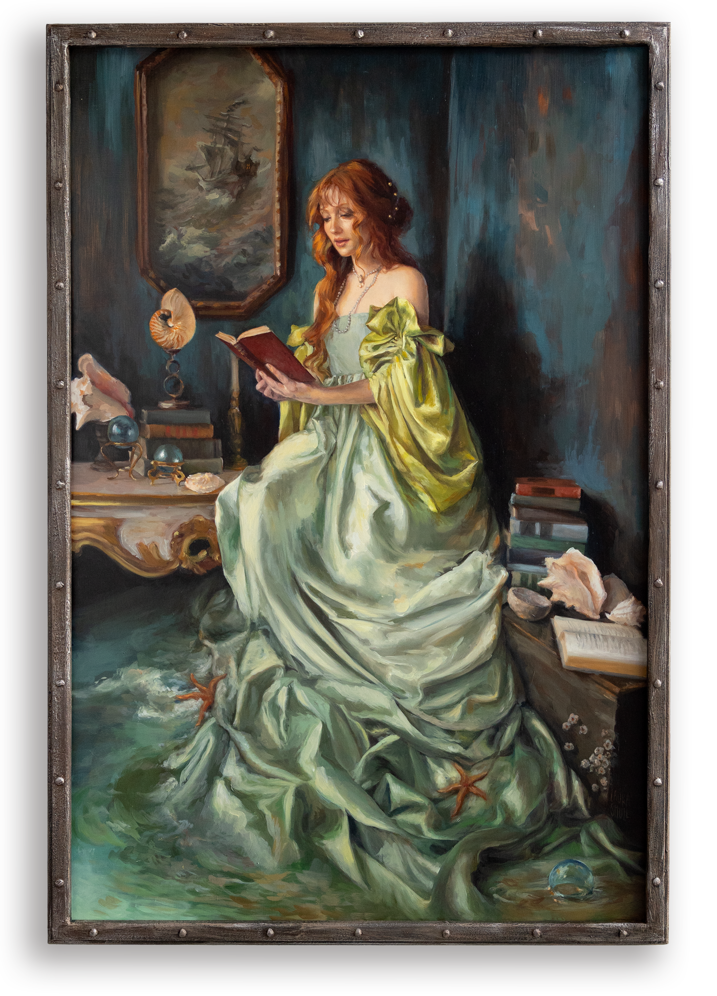 Red haired woman in voluminous seafoam green gown reads book in moody room with starfish and nautilus shells. Oil painting titled Landlocked by Laura Shull.