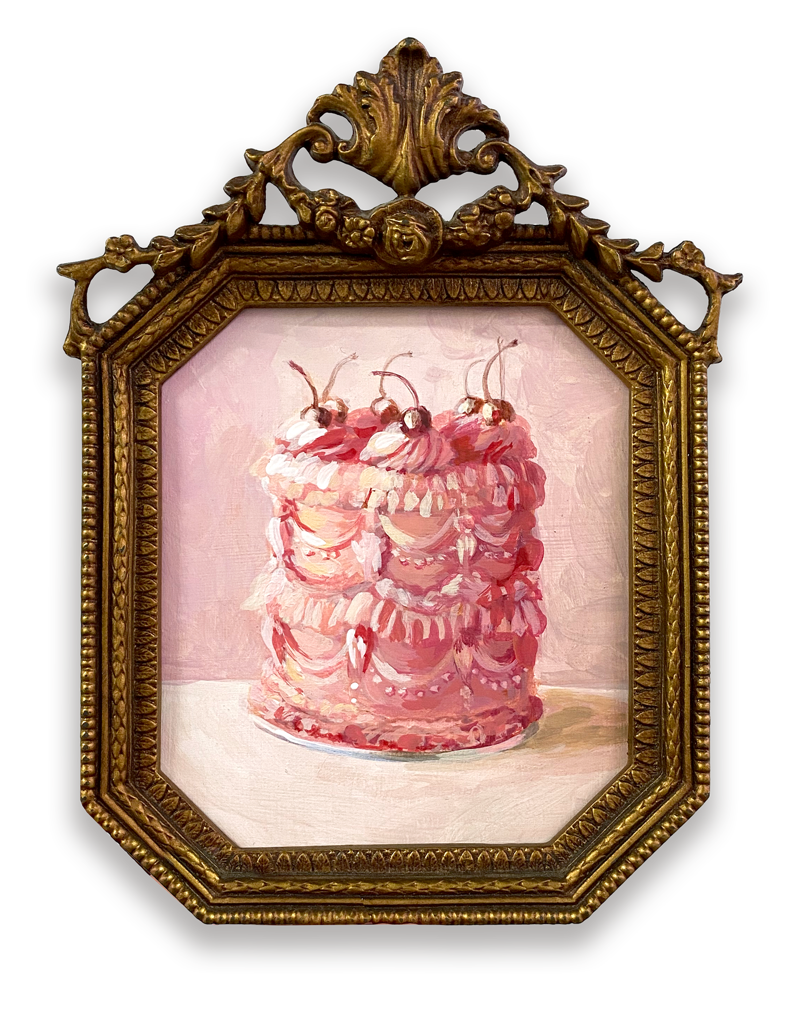 Small painting of a decorative pink frosted layer cake with cherries, displayed inside a vintage octagonal gold frame. Acrylic on board by Laura Shull.