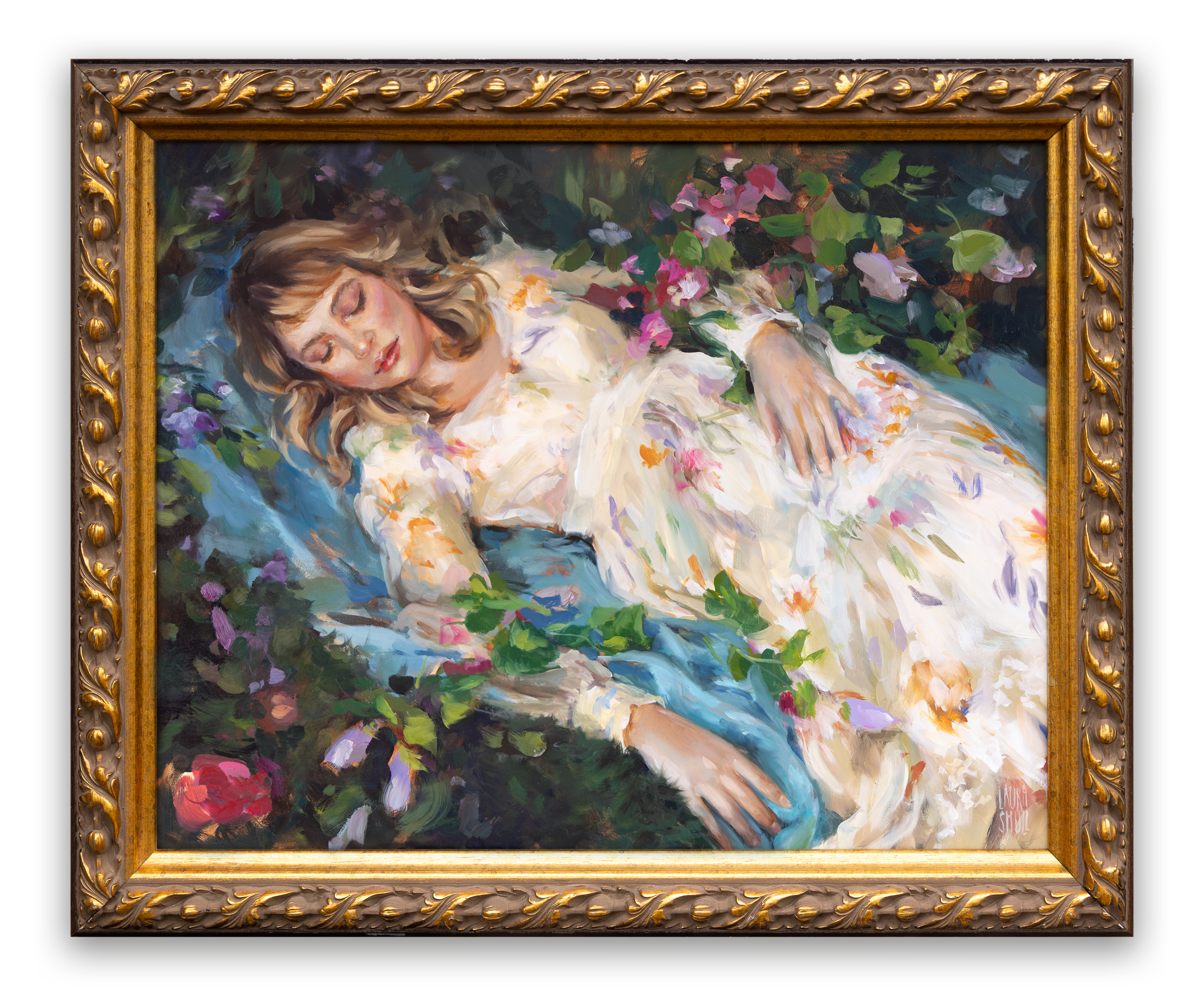 Woman with closed eyes resting peacefully amidst lush green garden vines and vibrant purple flowers. Oil painting titled Elsewhere by Laura Shull.