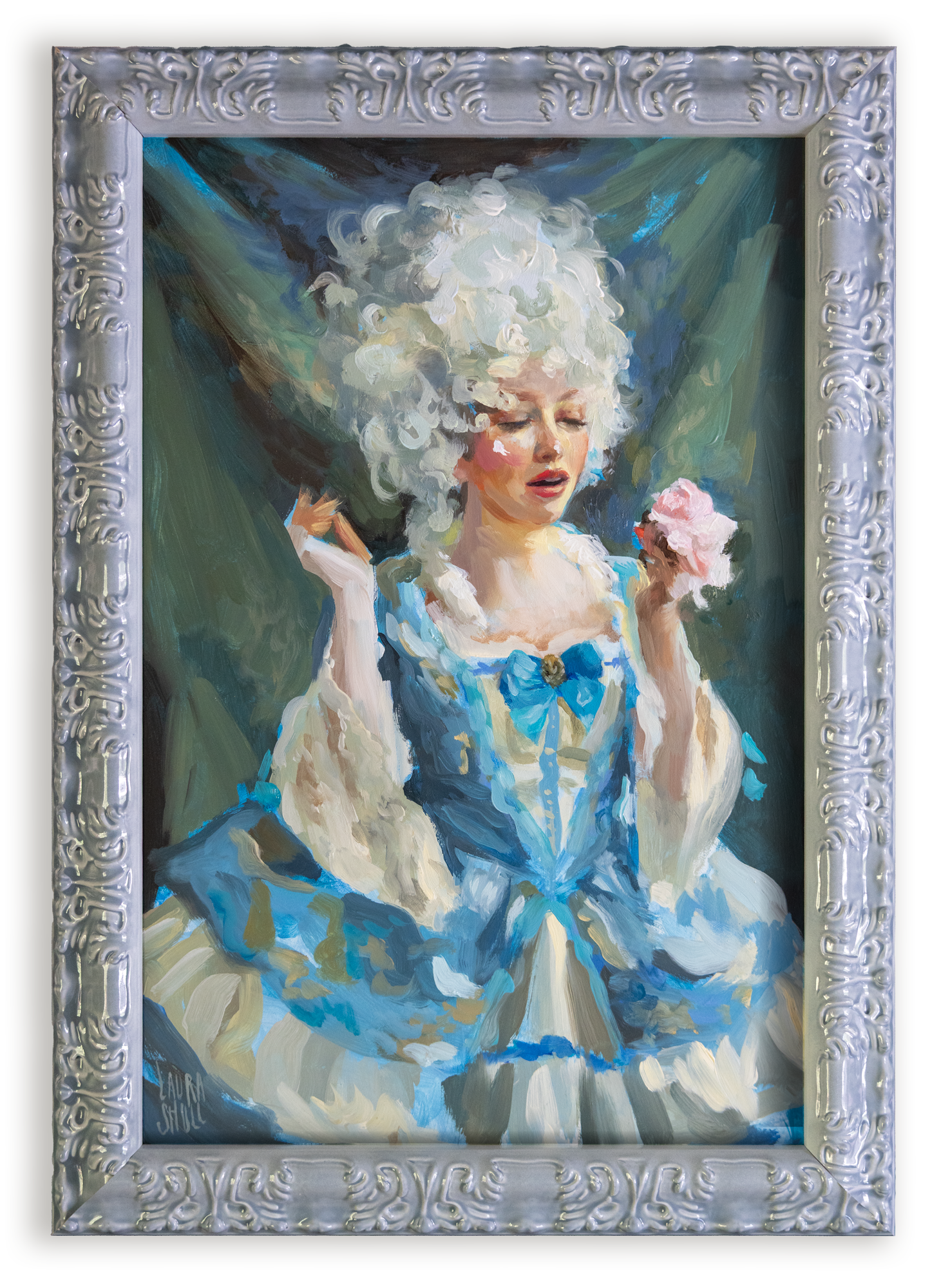 Woman with high white rococo powdered hair in ornate blue gown holds small pink cake slice against dark green background. Oil painting titled Strawberry Cake by Laura Shull.