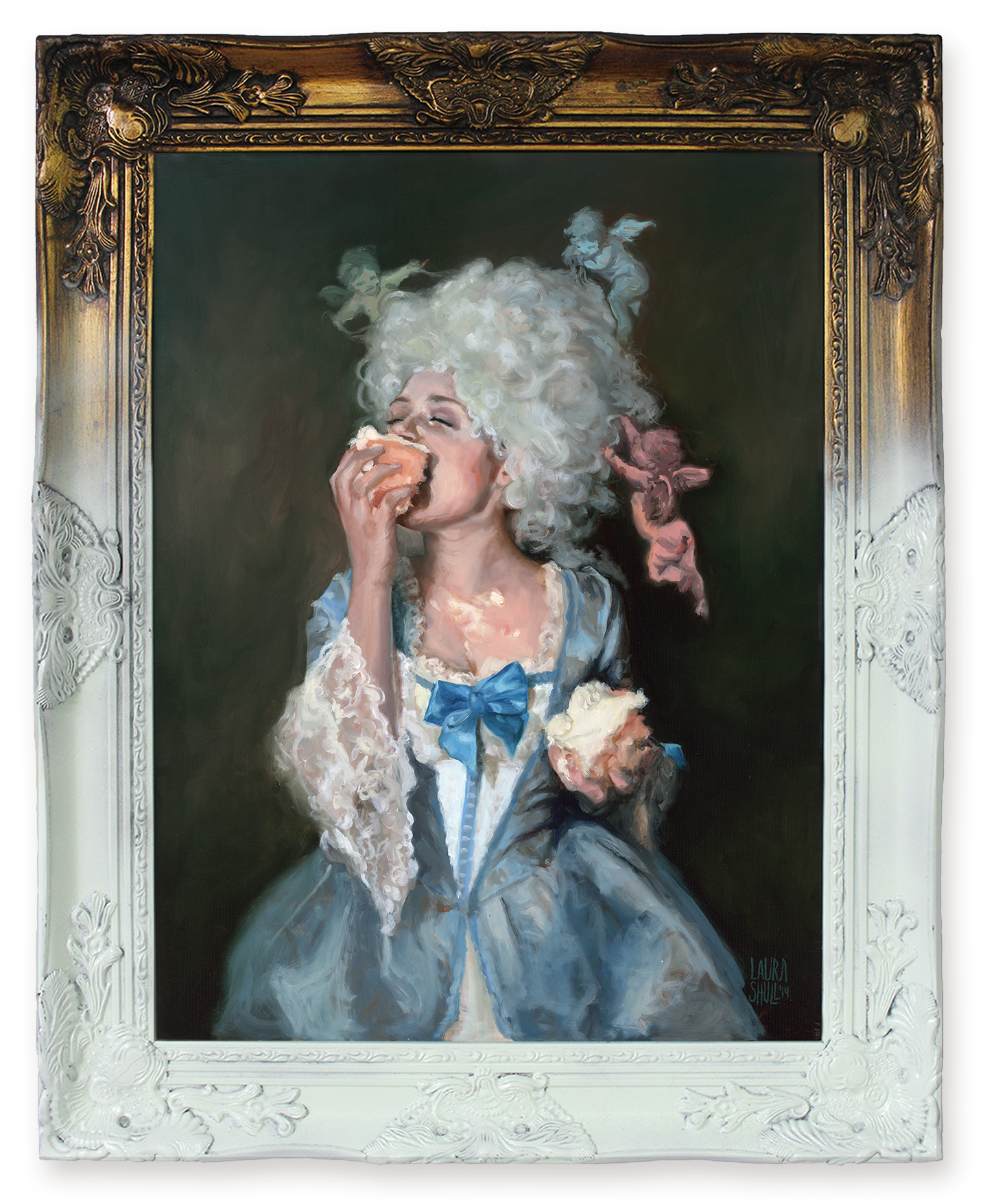 Rococo woman with high powdered wig eats pink cake with white icing amid small flying cherubs, displayed in a custom light blue and gold ombre ornate frame. Fine art oil painting by Laura Shull.