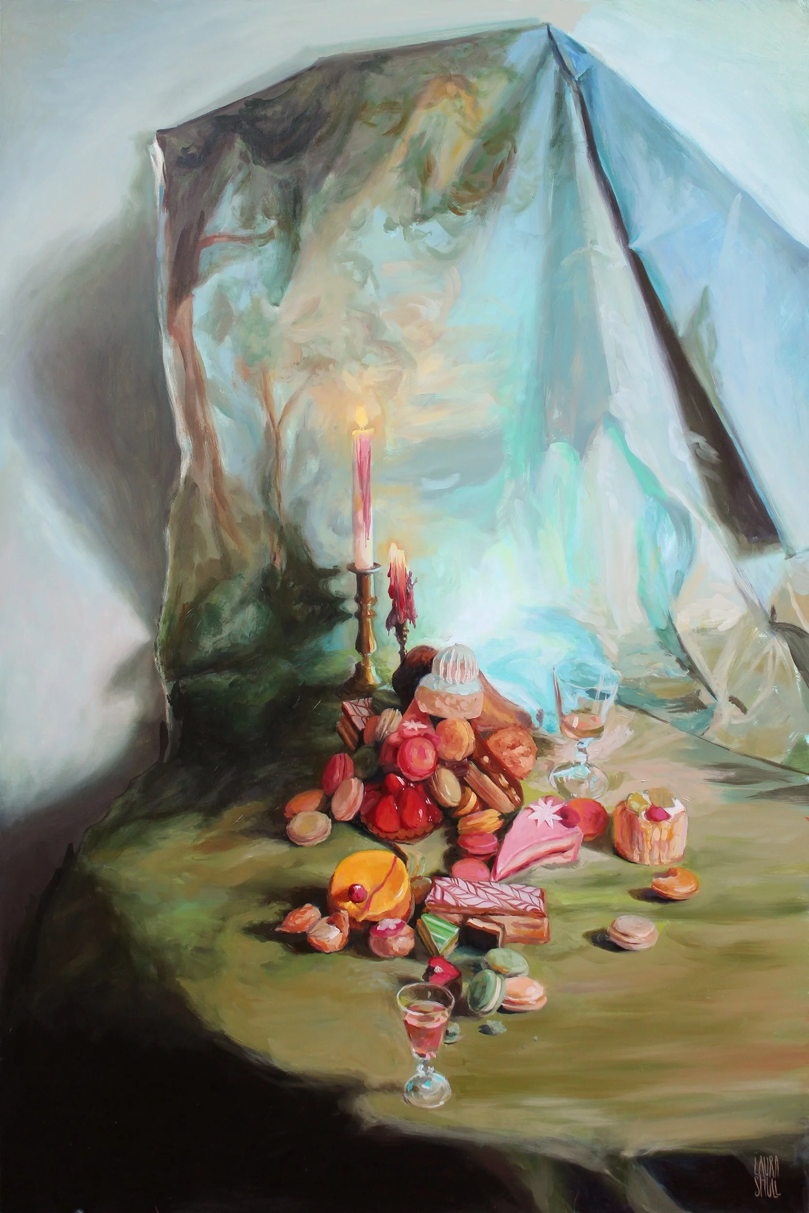 Abundant arrangement of pastries, cakes, and colorful macarons on green tablecloth under burning candle. Still life oil painting titled Dessert Landscape by Laura Shull.