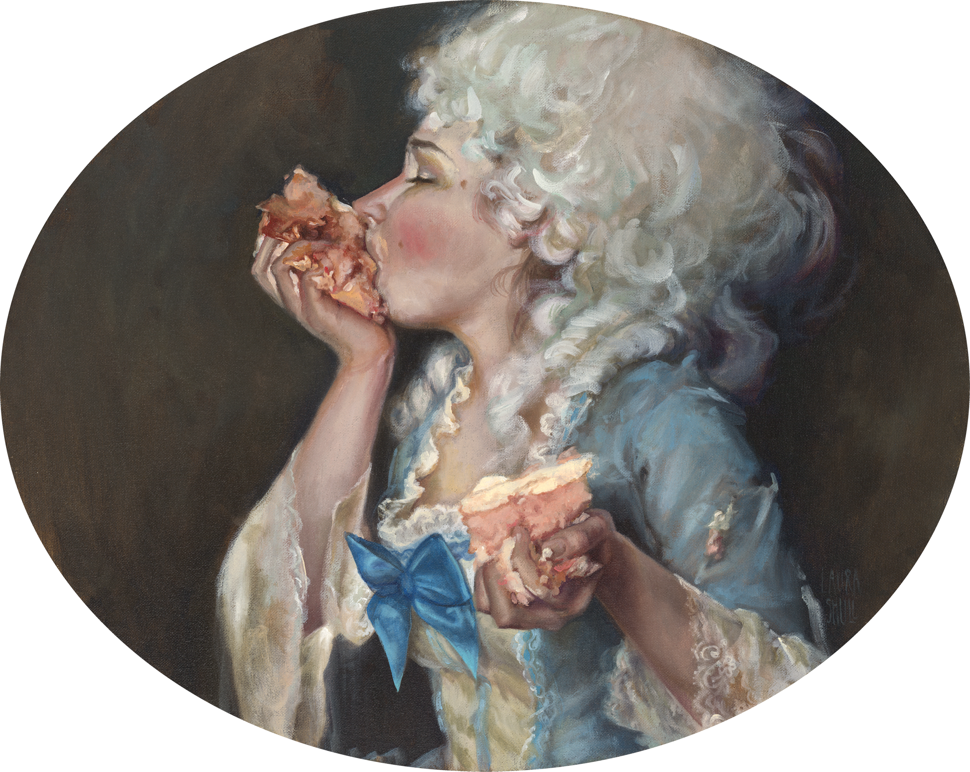 Woman with white hair in blue rococo gown taking large bite of pink frosted cake slice. Oval oil painting titled Devour by Laura Shull.