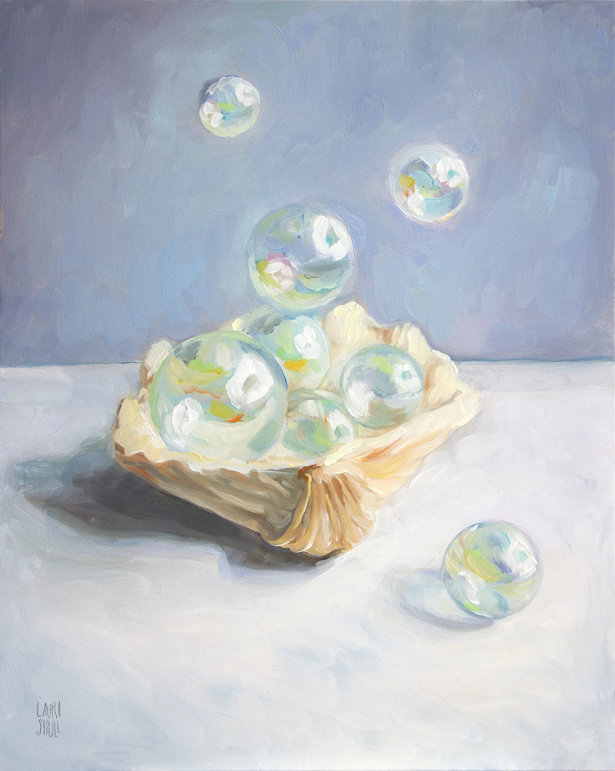 Clear iridescent glass bubbles floating above and resting inside a large decorative sea shell. Whimsical still life oil painting by Laura Shull.