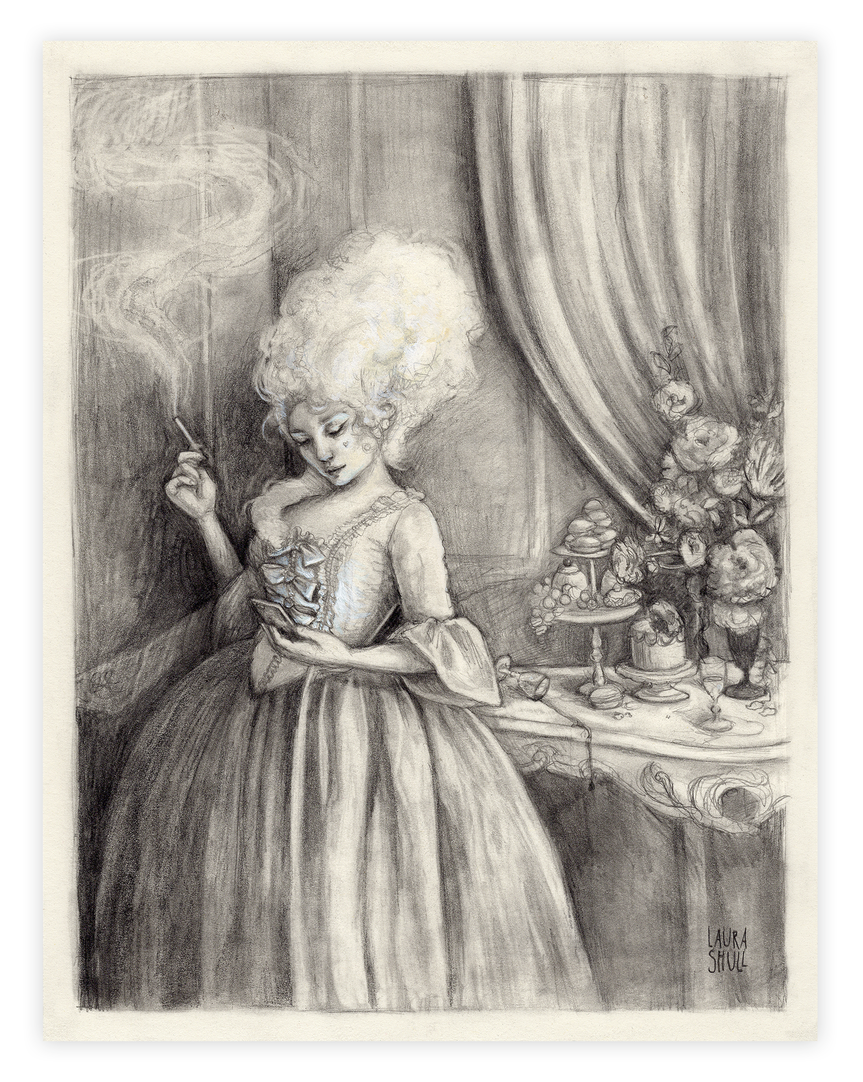 Pencil drawing of woman in large 18th century rococo gown looking at smartphone while holding cigarette near candlelit dessert table. Titled The Party Drawing by Laura Shull.