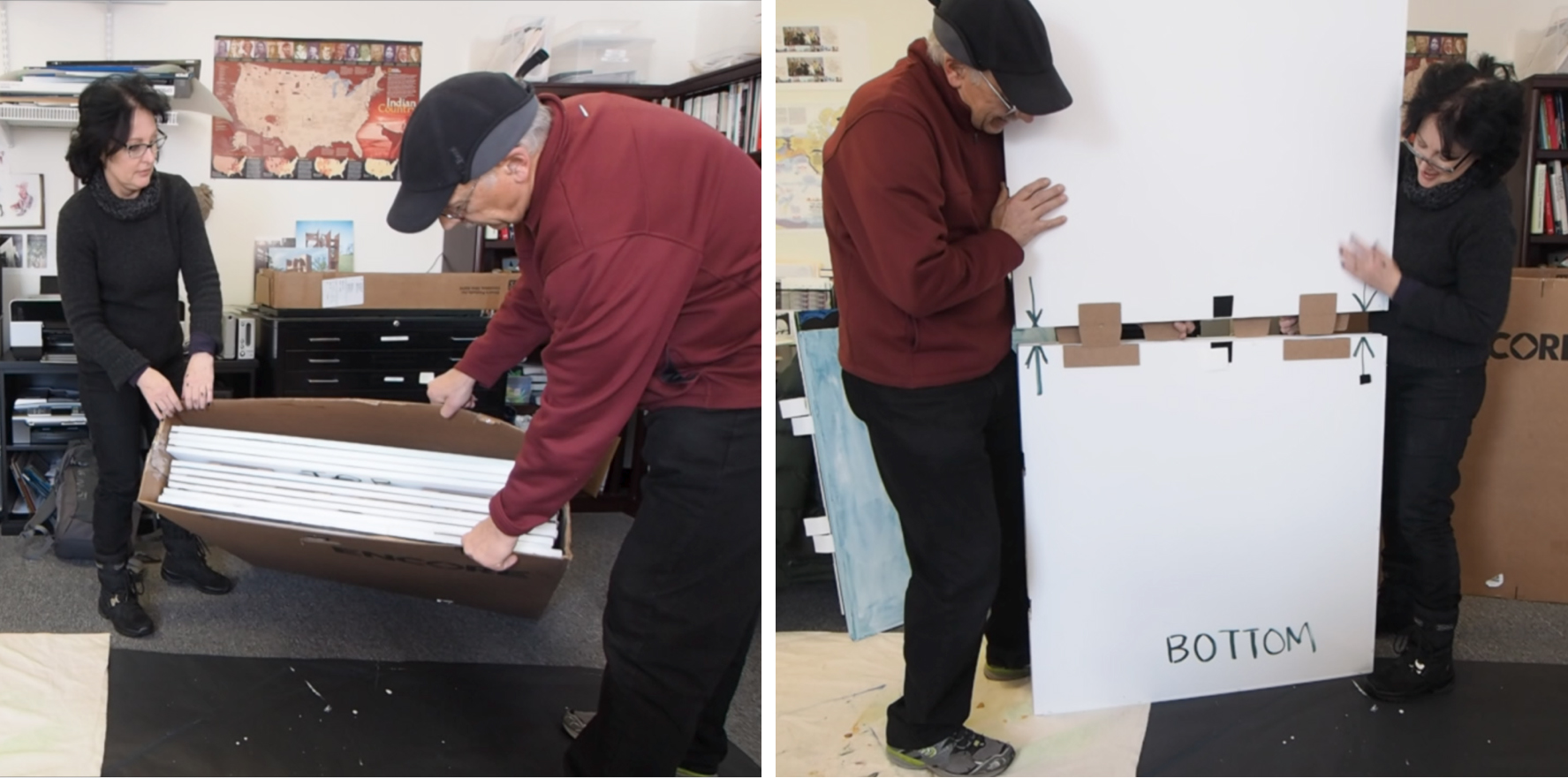 Left: Panels disassembled and in box. Right: Panels being put together