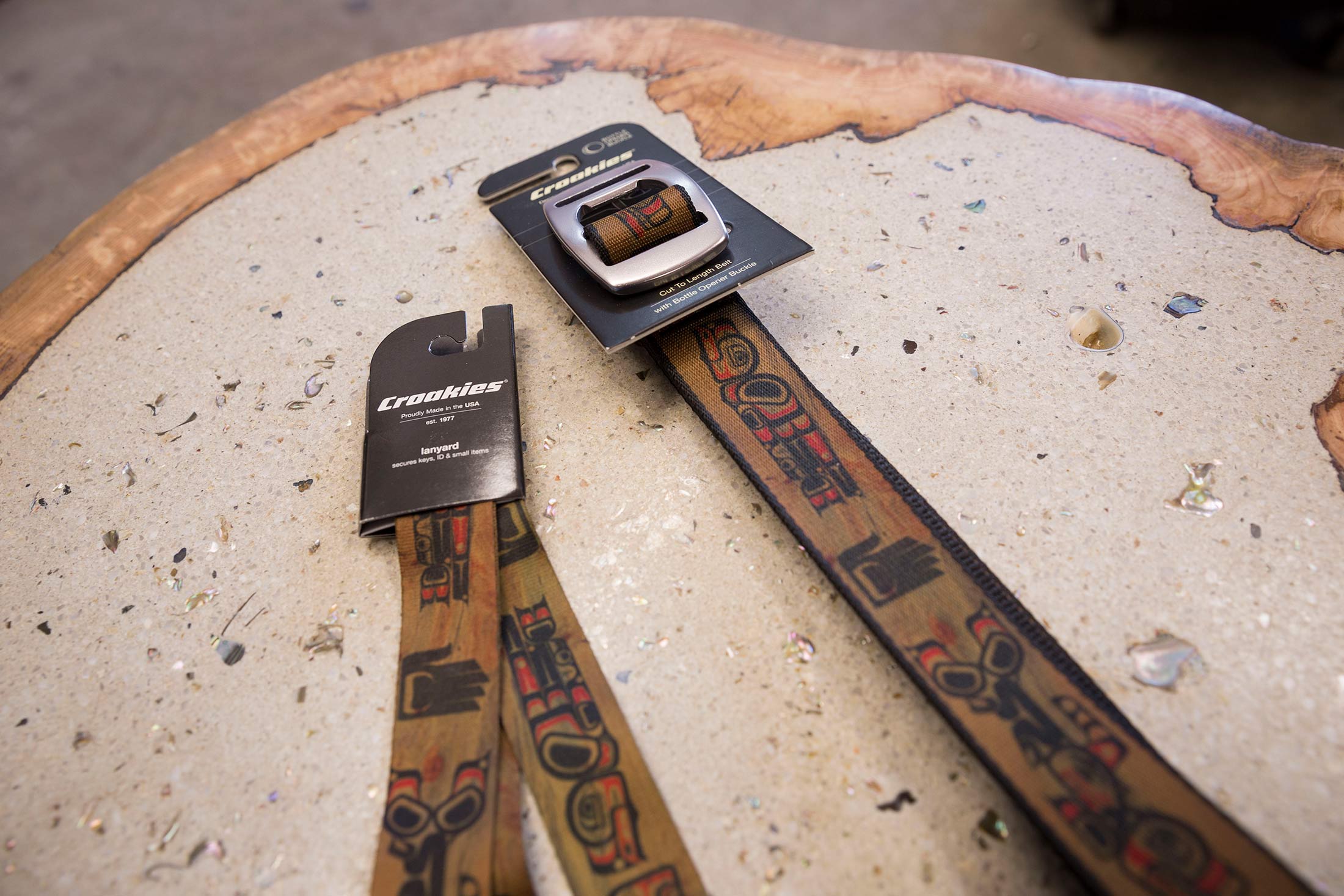 N-Grained Inc. Croakies Line, nice shot on Mark's Custom Table made from a burl filled with white cement with abalone mixed in. Beautiful / photo: Ian Tetzner