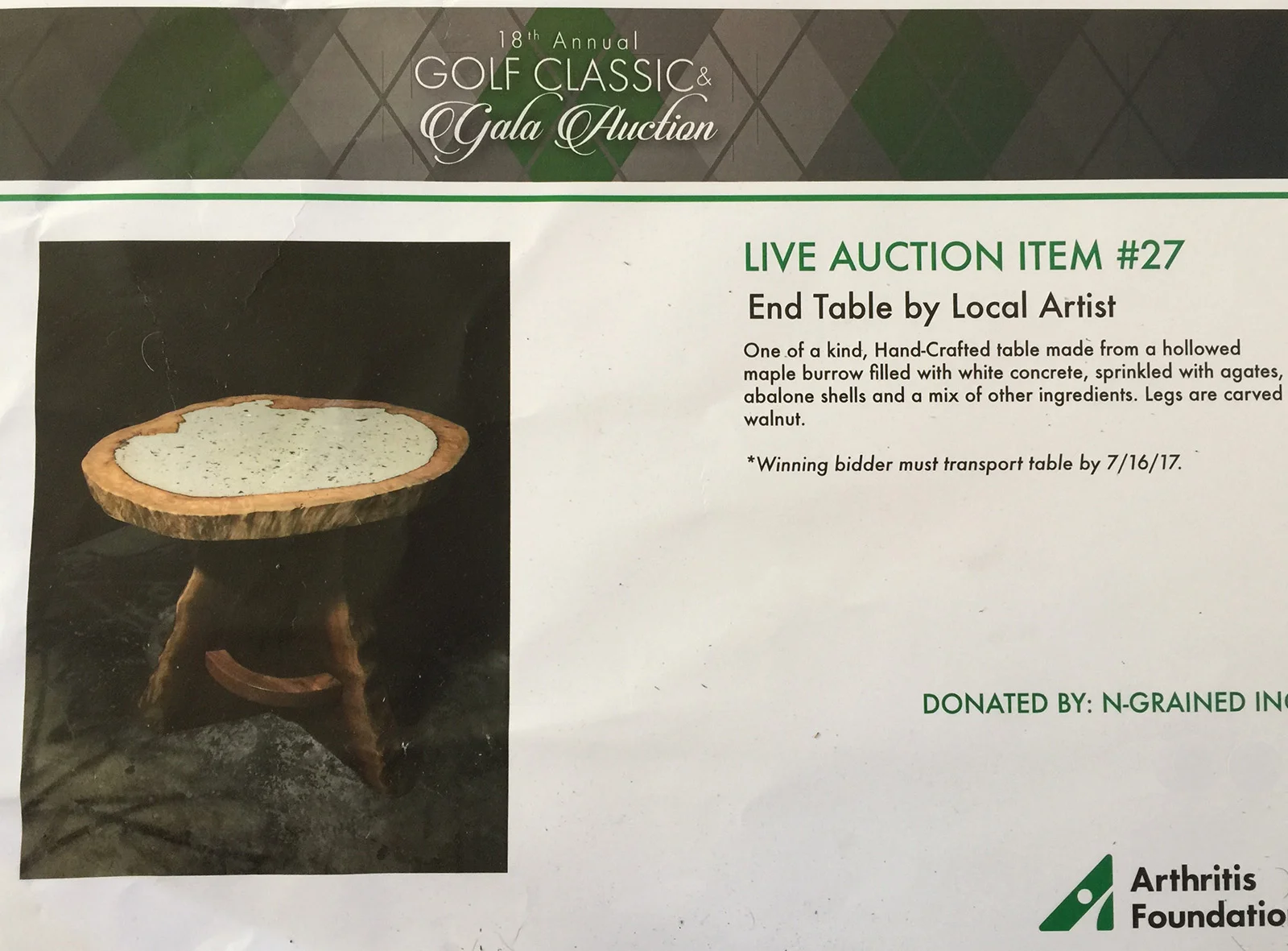 N-Grained Inc. Founder Mark Landvik Donated a Custom Live Edge Table benefiting the Arthritis Foundation at the 18th Annual Golf Classic and Gala in Bellingham, WA. 