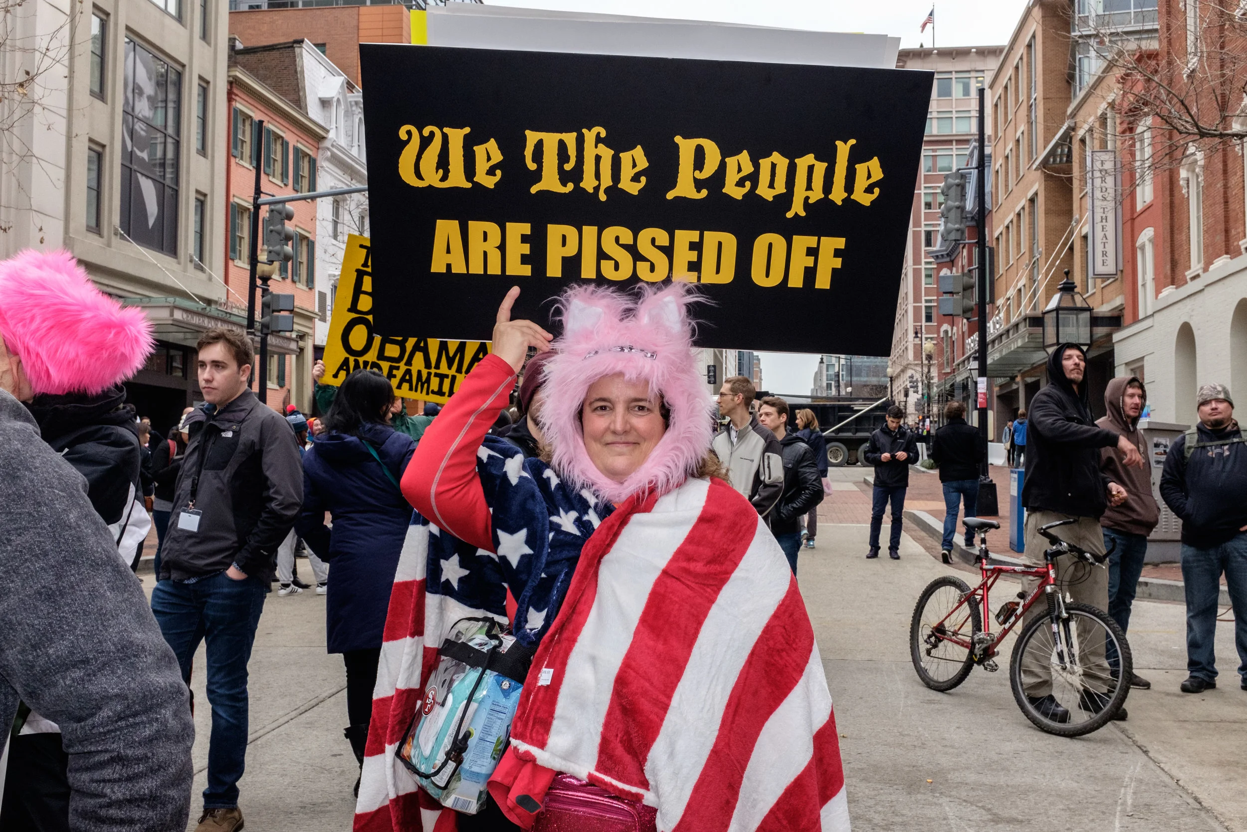 Protester at Donald Trump inauguration, Washington, DC.