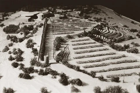 Model made from tag board and model paste,Santa Fe Opera, for James Stewart Polshek and Partners