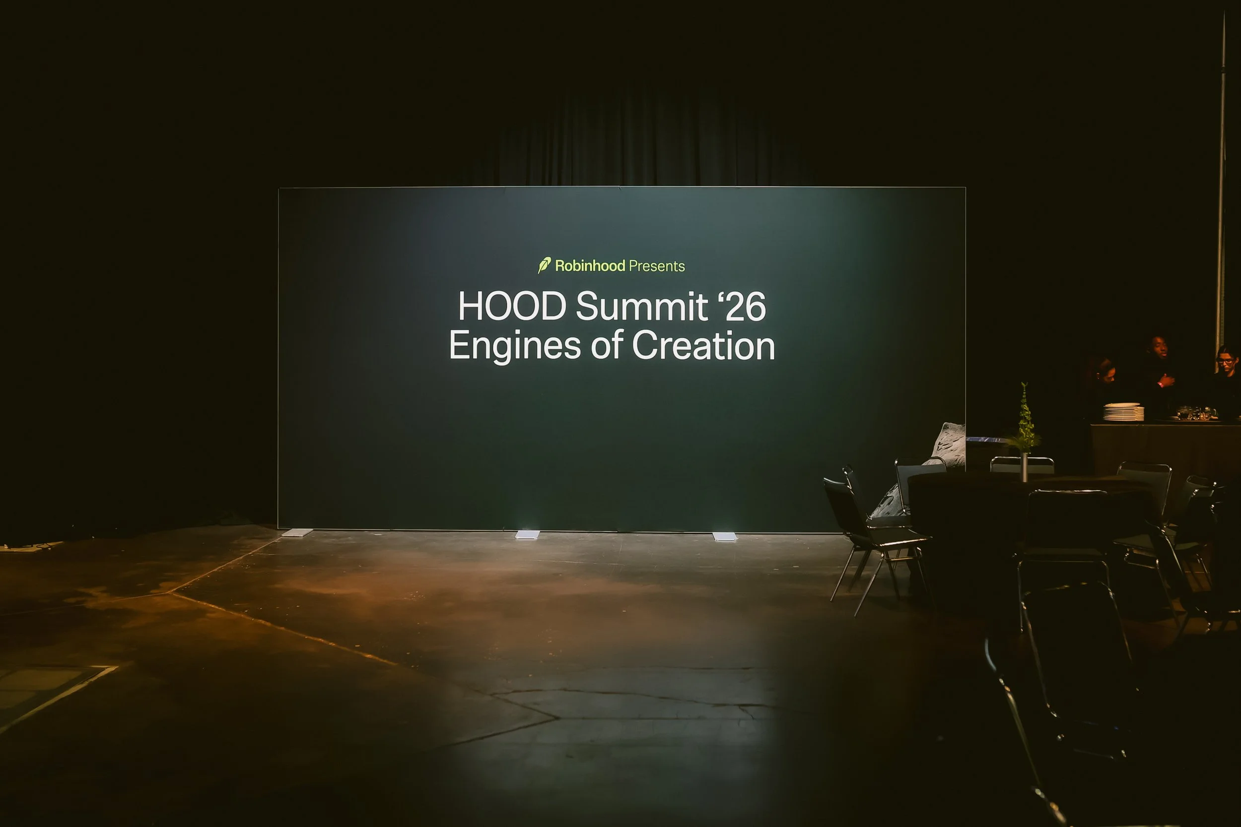 Empty HOOD Summit '26 Engines of Creation keynote stage before doors open