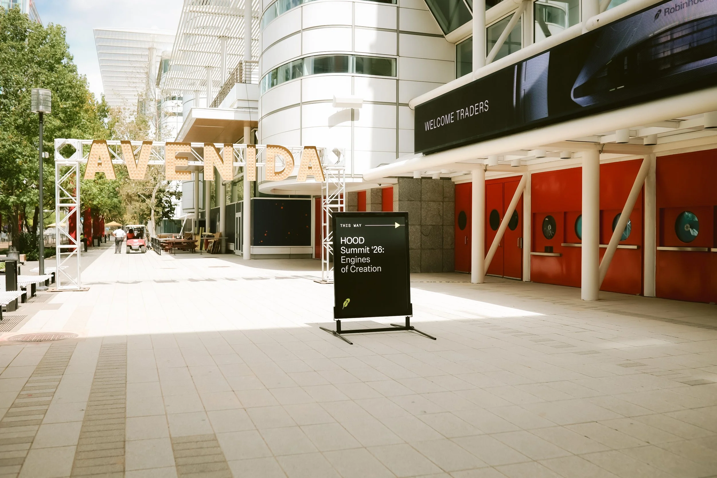 Exterior of the George R. Brown Convention Center on Avenida Houston, with signage for HOOD Summit '26: Engines of Creation