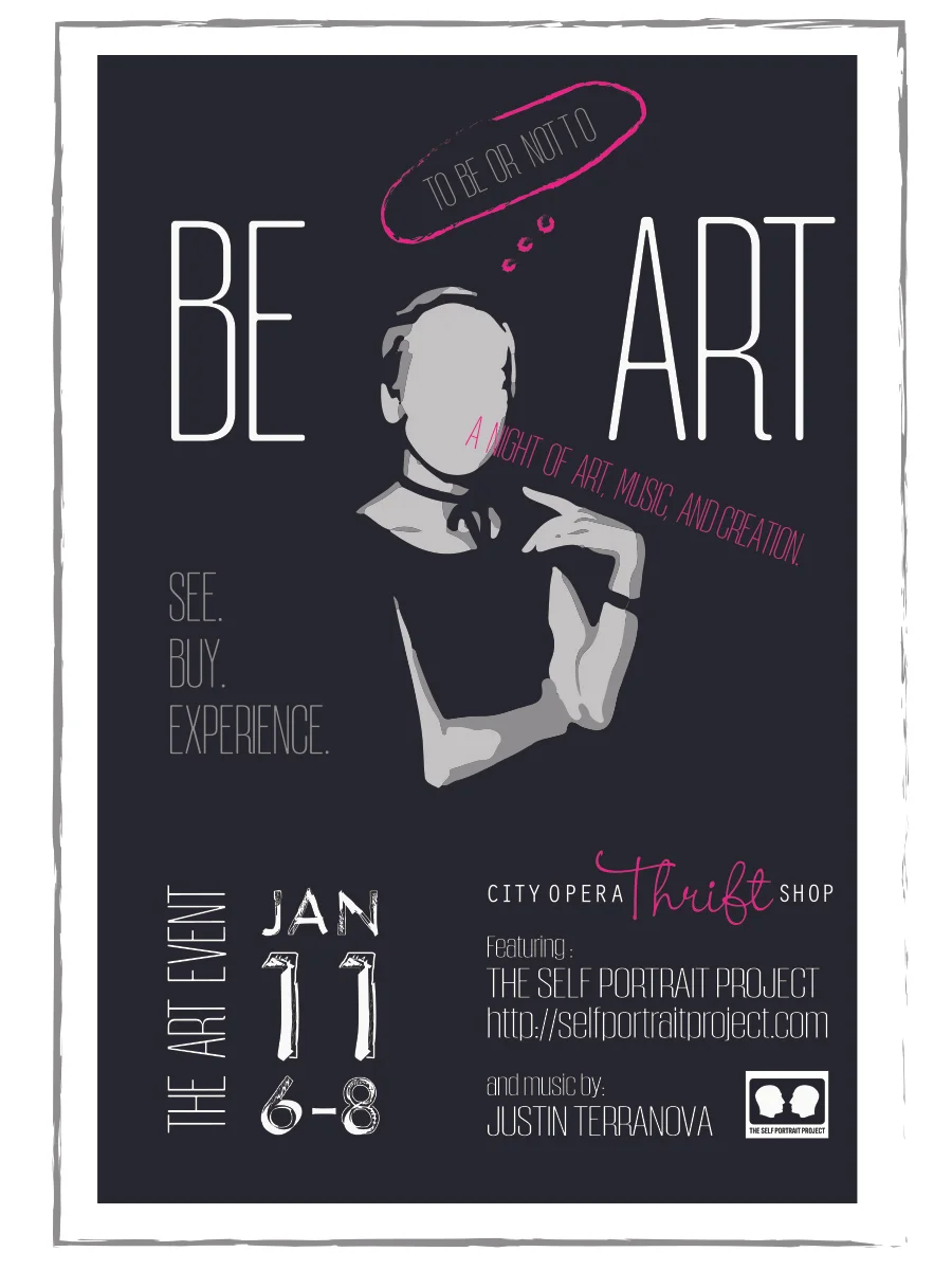 Art Event flyer from Jan 2017 featuring music and a unique collaboration with The Self Portrait Project