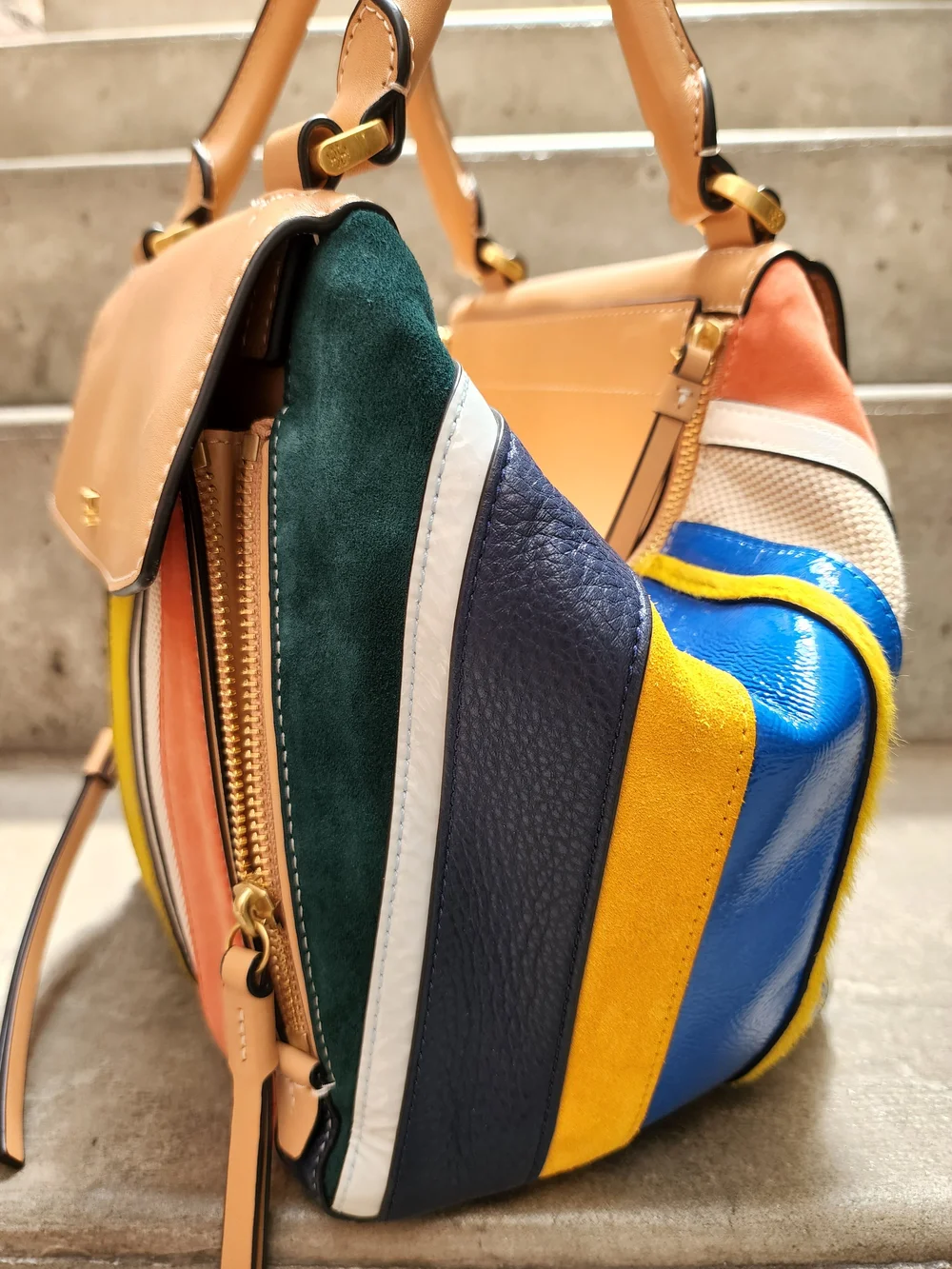 Tory Burch Multicolor Striped Webbing Strap w/ Tan Leather & Gold Hardware | NWT Tory Burch Multicolor Handbag — City Opera Thrift Shop main image 2
