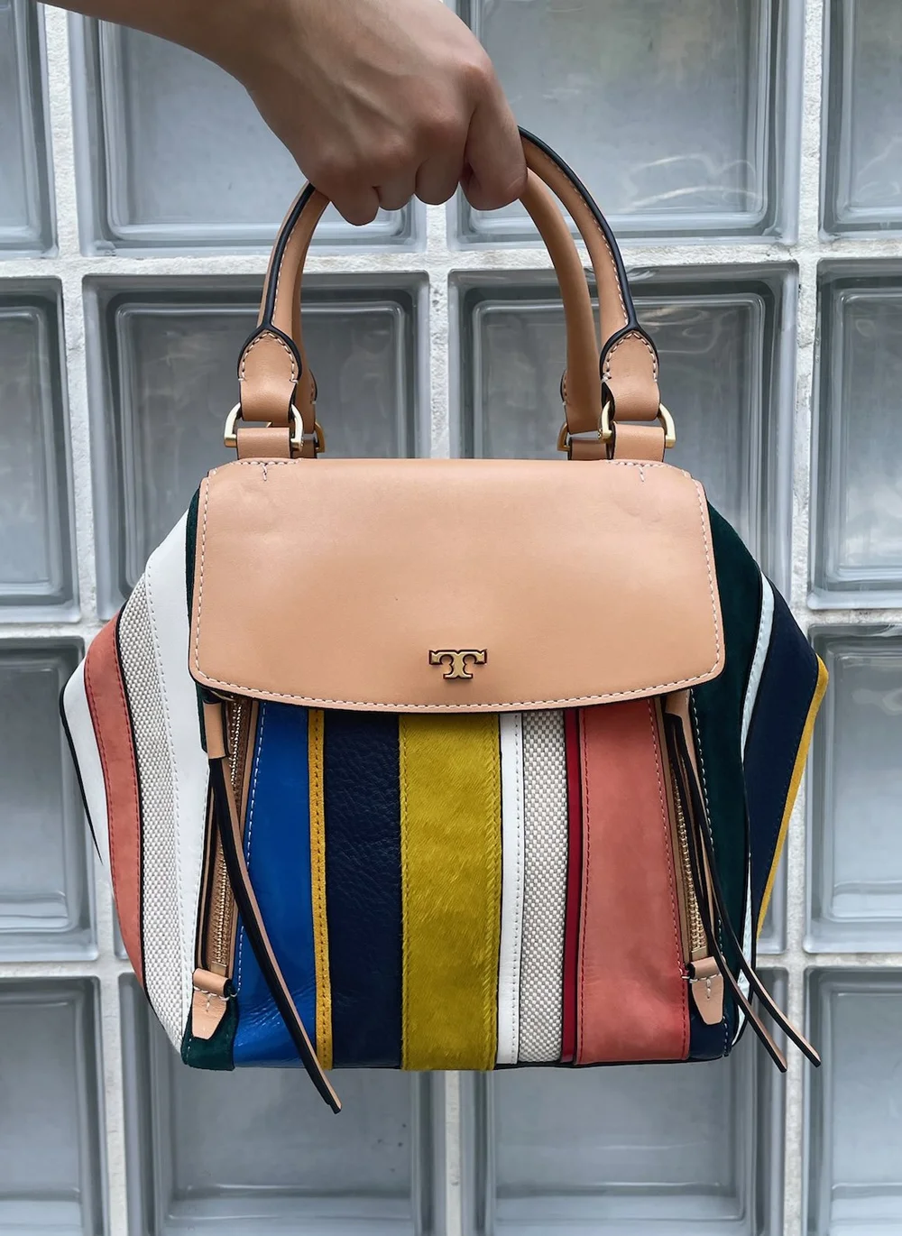 Tory Burch Multicolor Striped Webbing Strap w/ Tan Leather & Gold Hardware | NWT Tory Burch Multicolor Handbag — City Opera Thrift Shop main image 4
