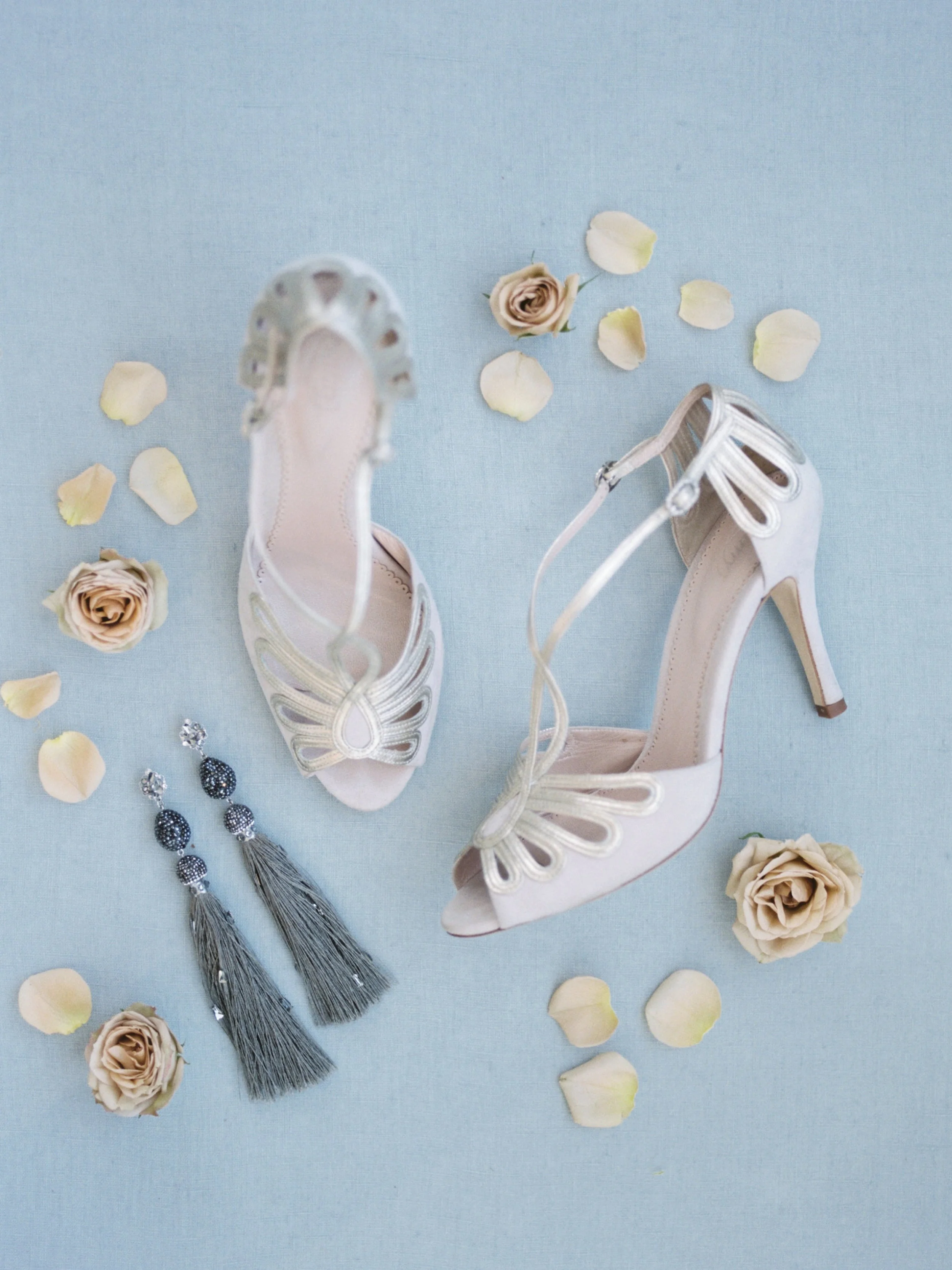 Emmy London Leila shoes and Maria Elena Headpieces tassel earrings | Spring Bridal Inspiration from Little White Dress Bridal Shop in Denver, Colorado | Decorus Photography