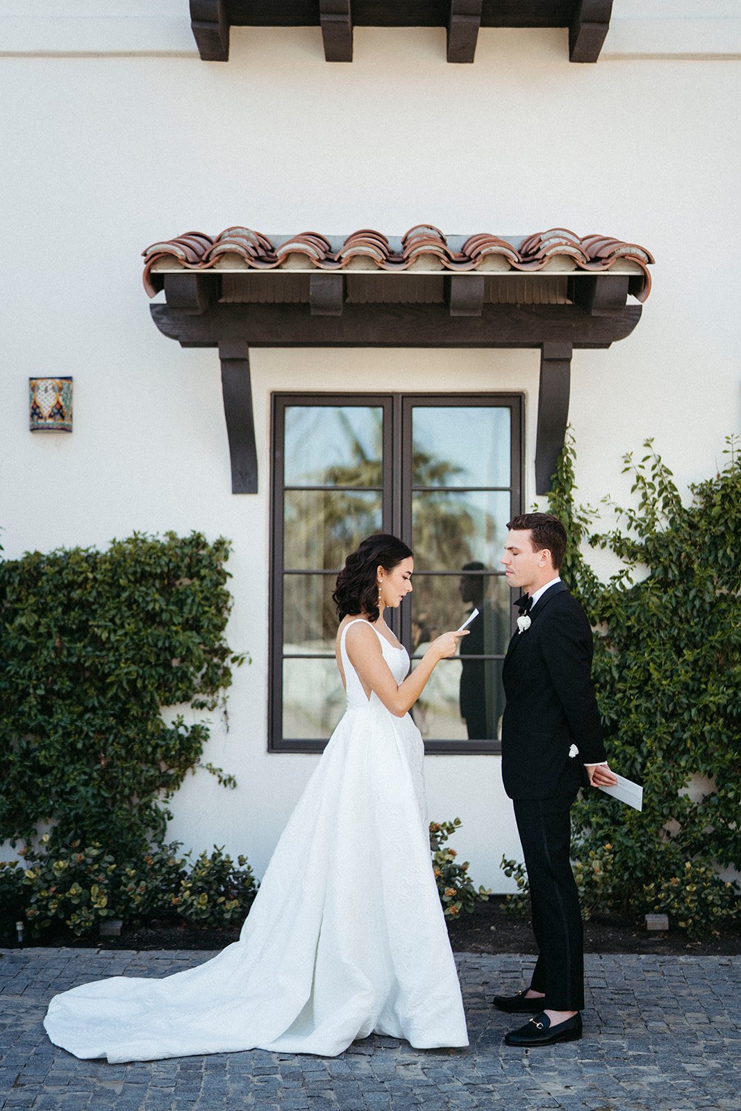  first look bride and groom Anne Barge Coraline floral gown  