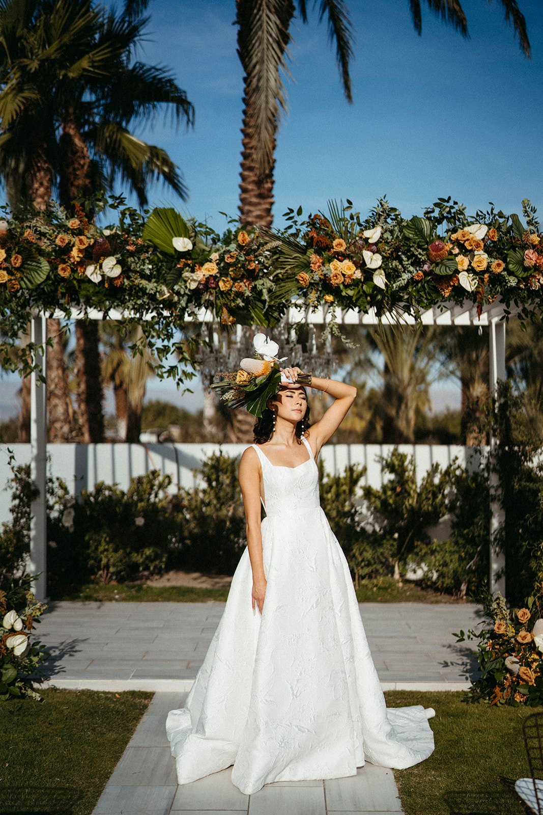  high fashion wedding editorial palm springs desert floral Anne Barge Coraline square neckline 