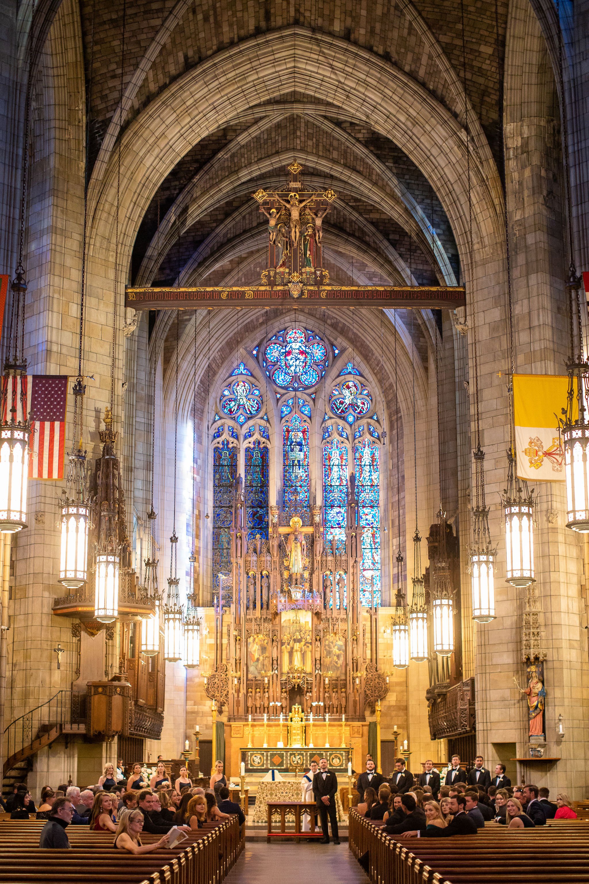 church ceremony NYC Cathedral stained glass city wedding 