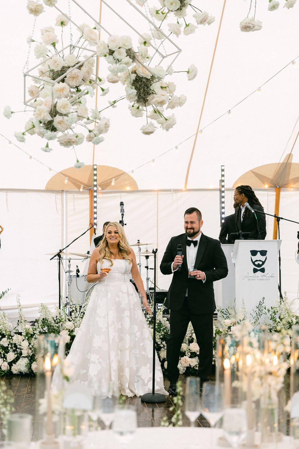  strapless aline gown tent reception outdoor wedding white florals  