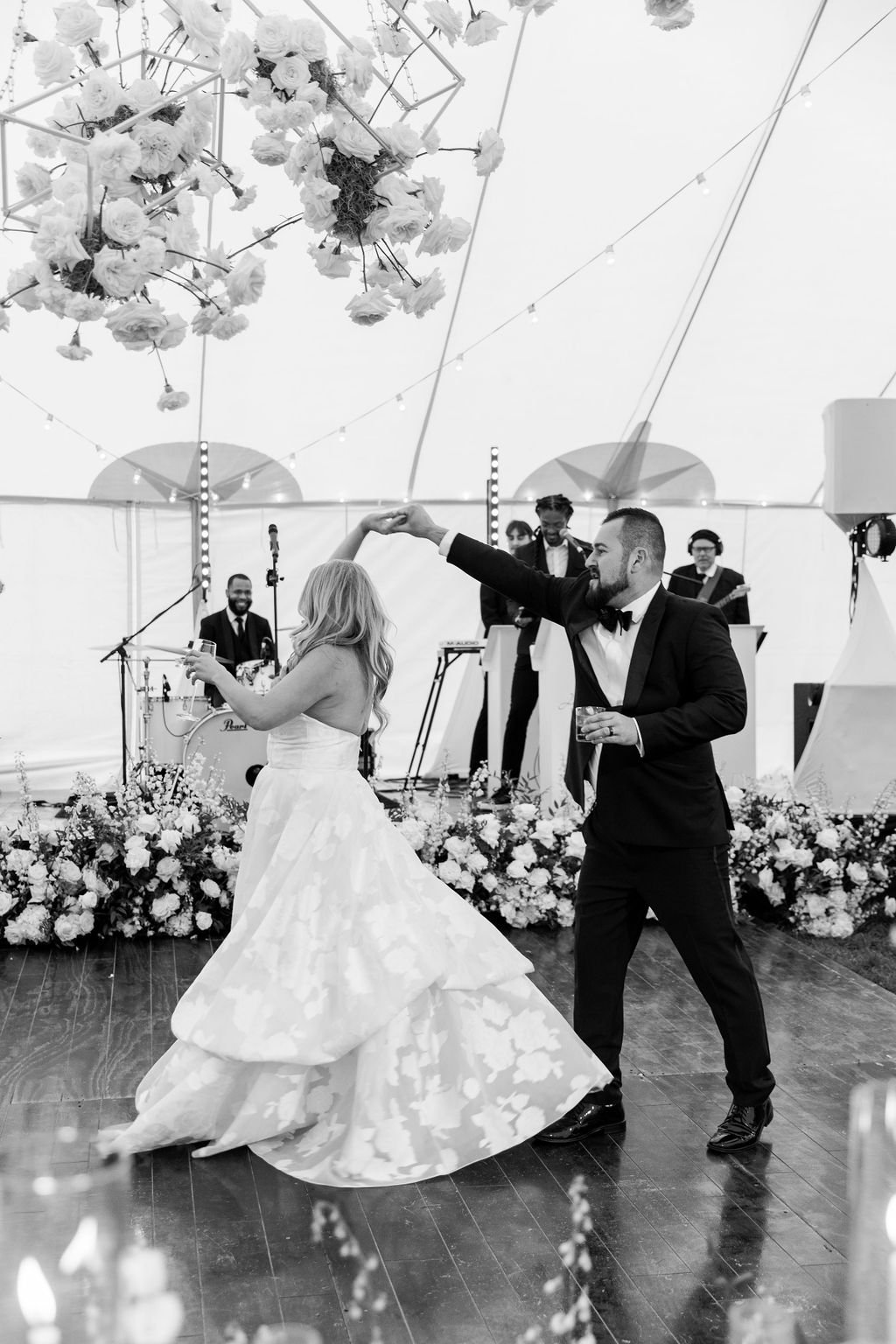  outdoor wedding first dance tent reception caolina herrera strapless gown white florals  