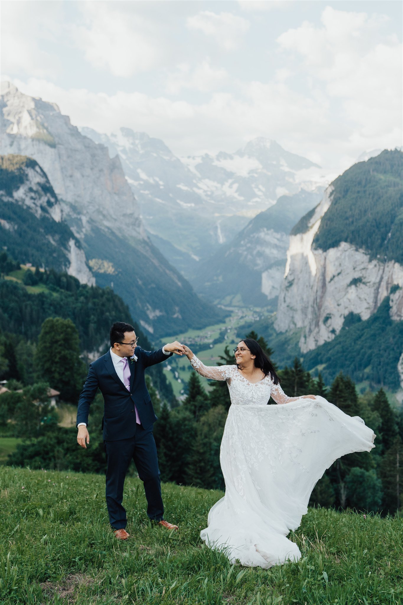  elopement swiss alps adventure wedding Switzerland enaura long sleeve Aline beaded gown mountain wedding adventure elopement  