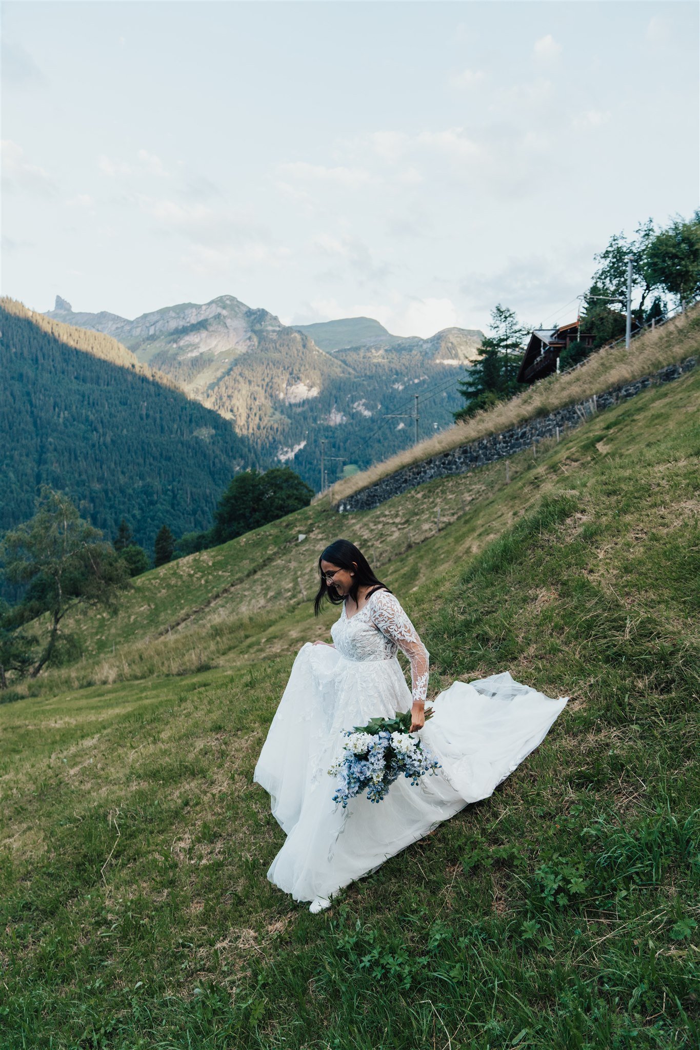  adventure wedding mountain elopement Switzerland  A-line gown  