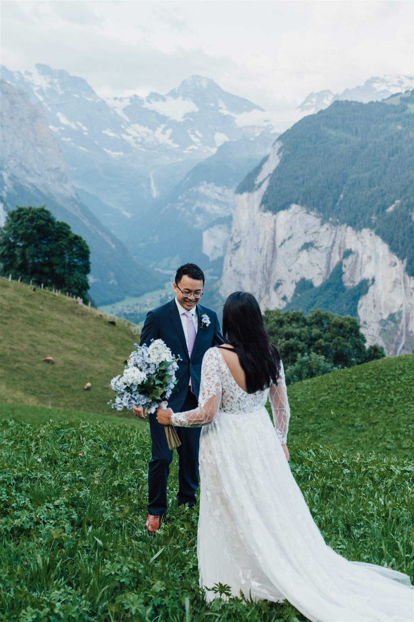  first look Aline gown long sleeves Switzerland wedding elopement 