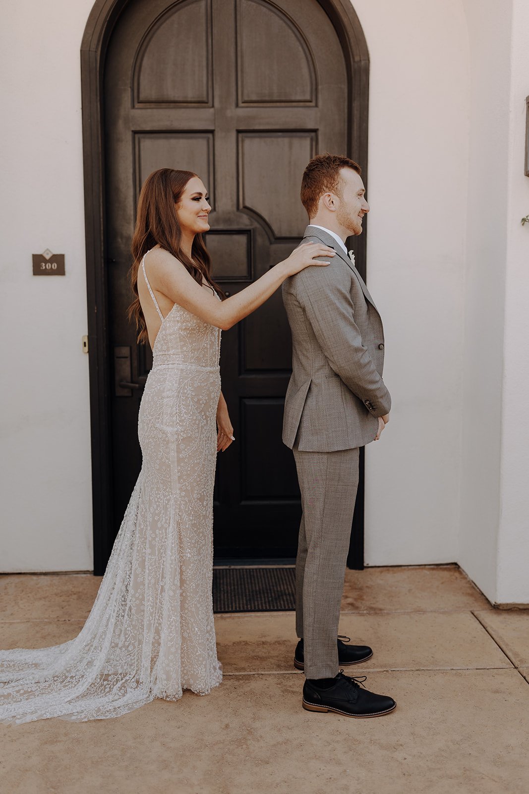  first look beaded gown Galia Lahav fitted dress grey suit 