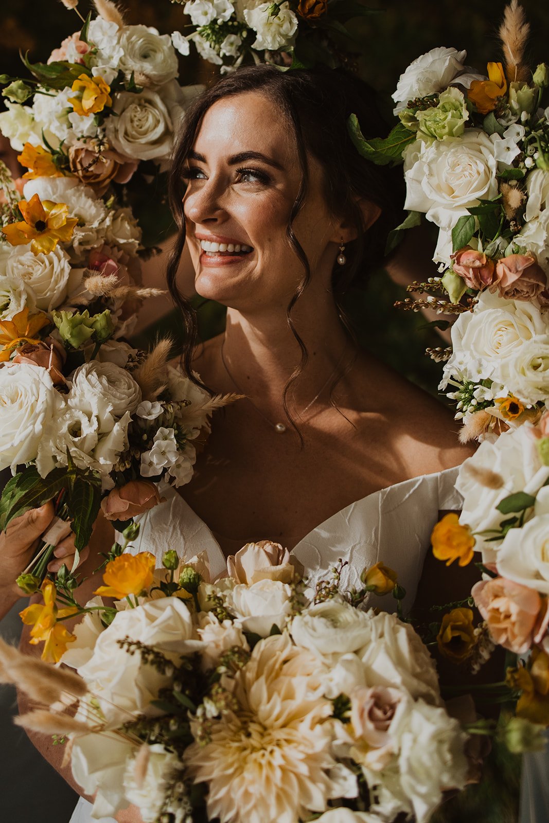  Anne Barge Anne Barge Bridal Anne Barge Frankie fitted gown off the shoulder wedding gown Denver wedding Colorado wedding yellow florals fall flowers  