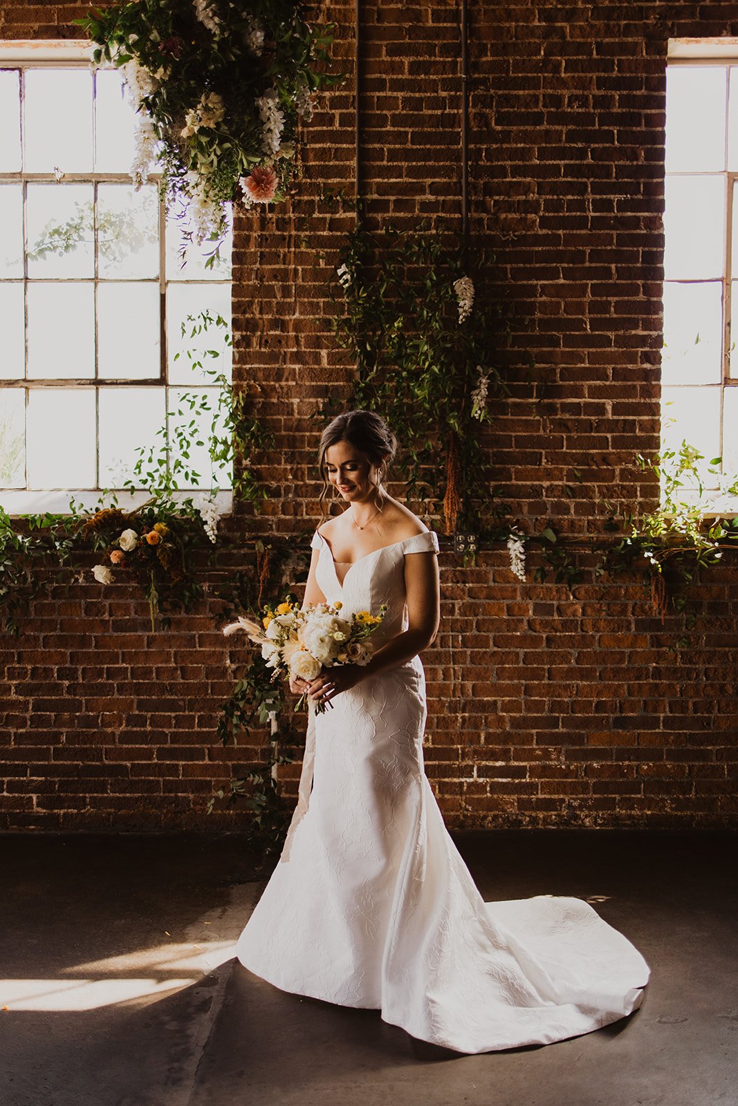  Anne Barge Anne Barge Bridal Anne Barge Frankie fitted gown off the shoulder wedding gown Denver wedding Colorado wedding yellow florals fall flowers 