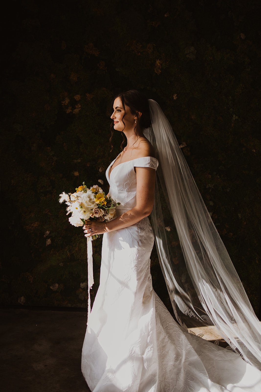  Anne Barge Anne Barge Bridal Anne Barge Frankie fitted gown off the shoulder wedding gown Denver wedding Colorado wedding yellow florals fall flowers dramatic veil  