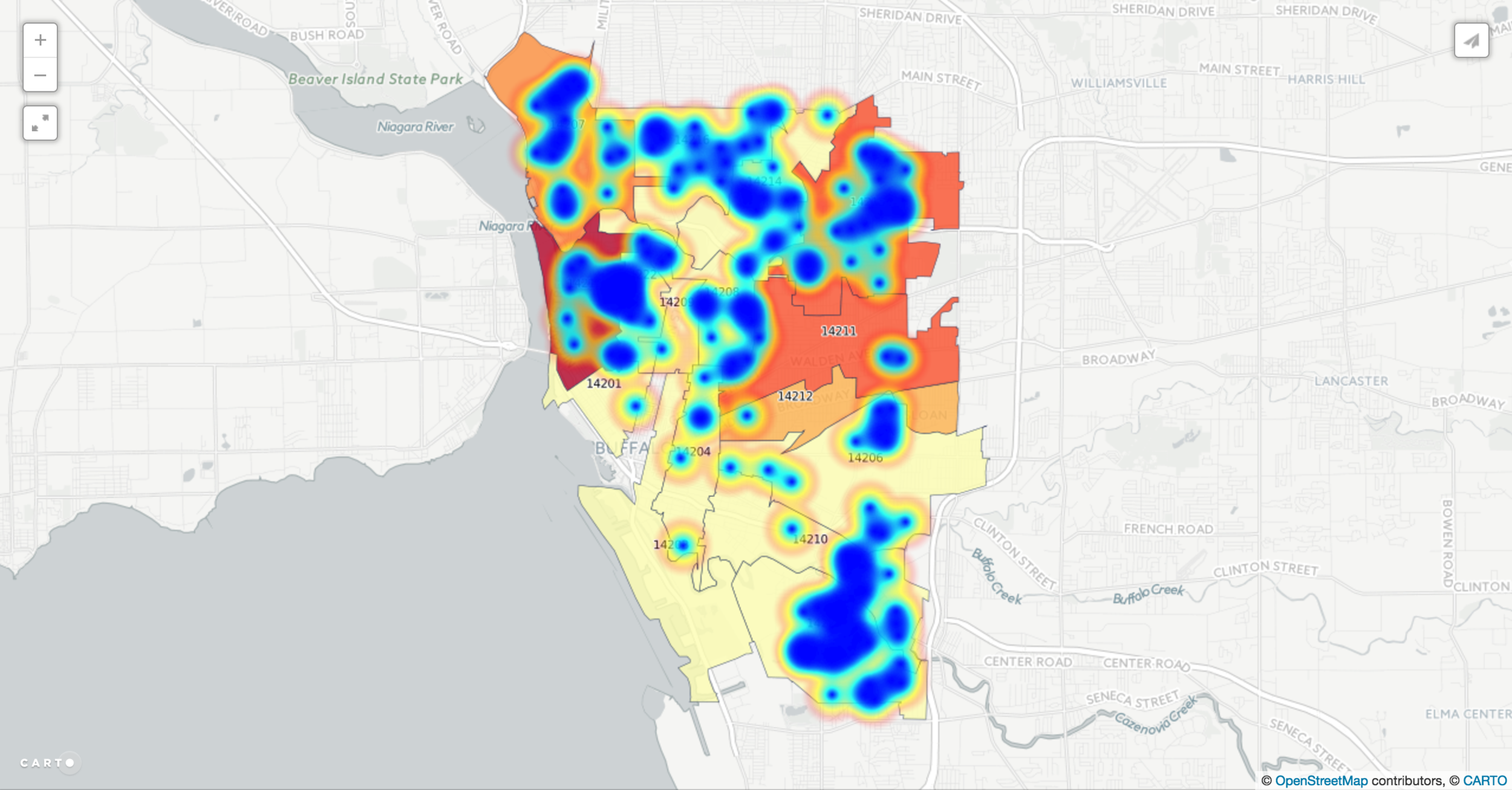 Heat map of lead samples overlaid on lead exposure by zip code
