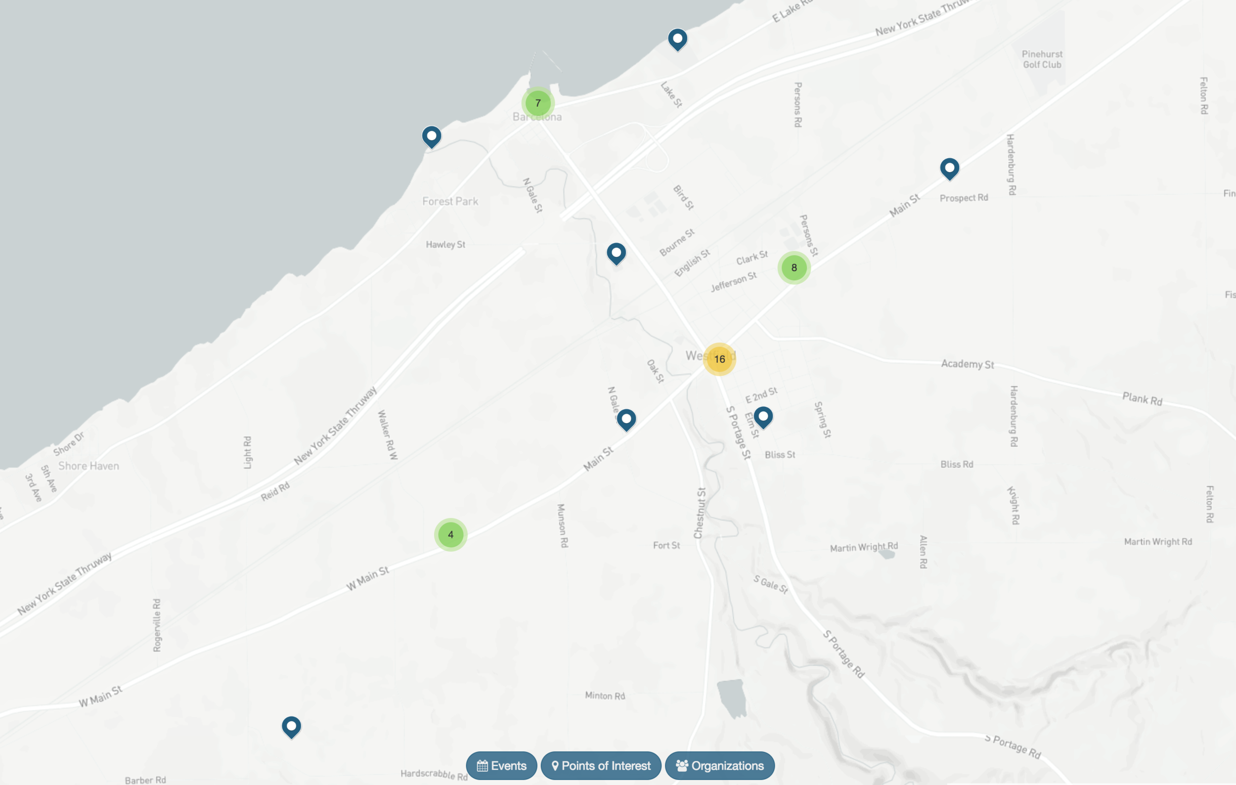 A map of Westfield New York with points of interest.