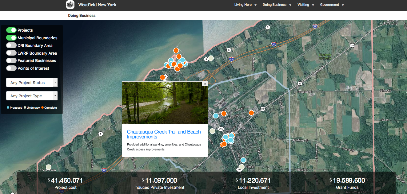 Homepage for Economic Development Platform; includes map with points.