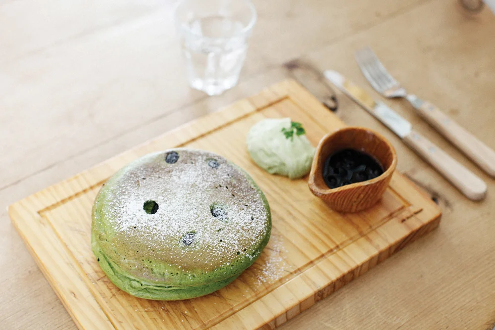Photo taken by me. Matcha green tea pancakes at SAGANOYU, Arashiyama, Kyoto.
