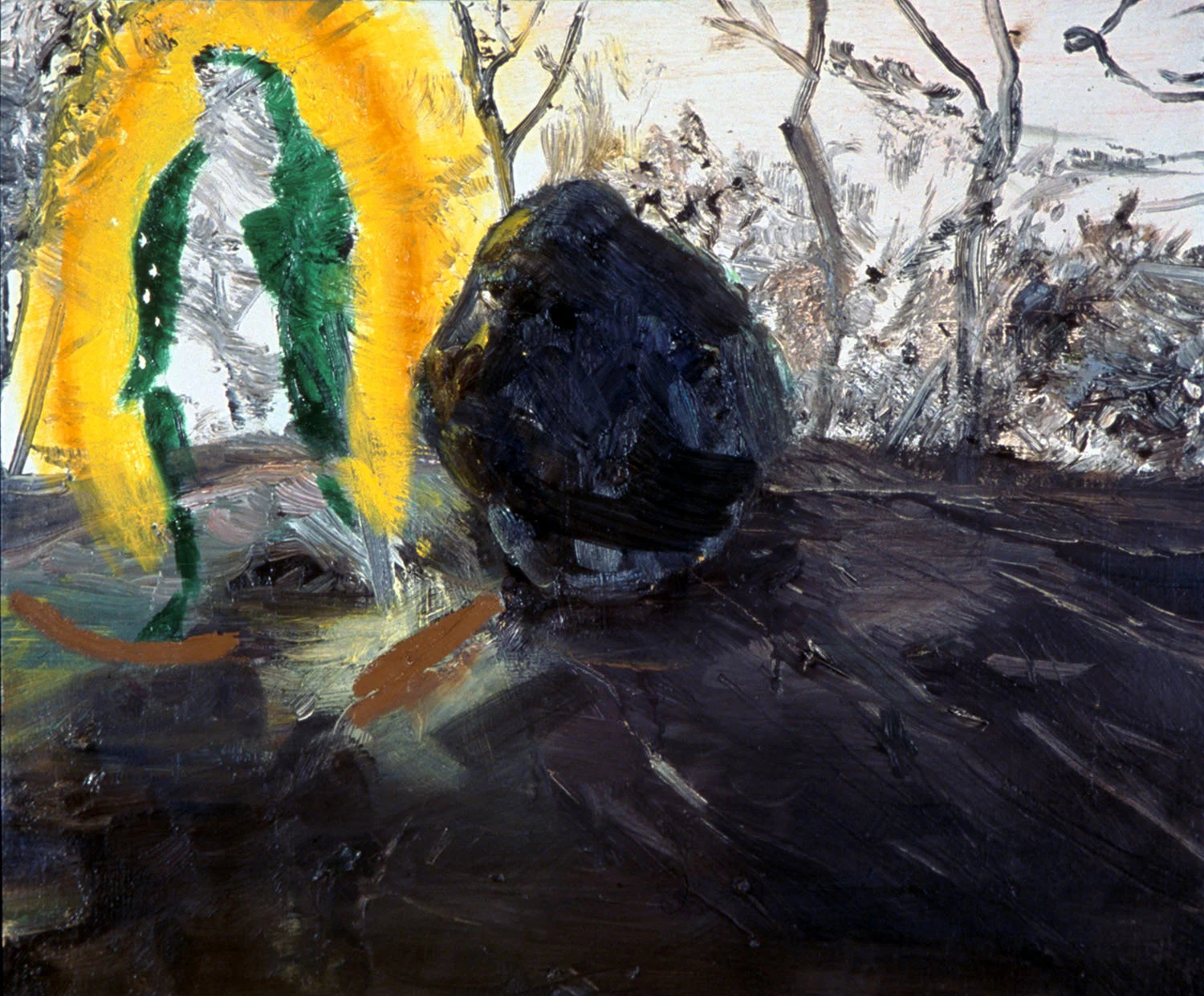 Our Lady Of Guadalupe With Glacial Erratic In Central Park , 2004, oil on canvas, 16 x 20 inches