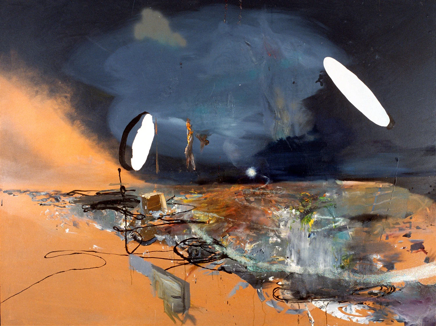 Orangeland , 2003, oil paint, spray enamel and glitter on canvas, 72 x 96 inches