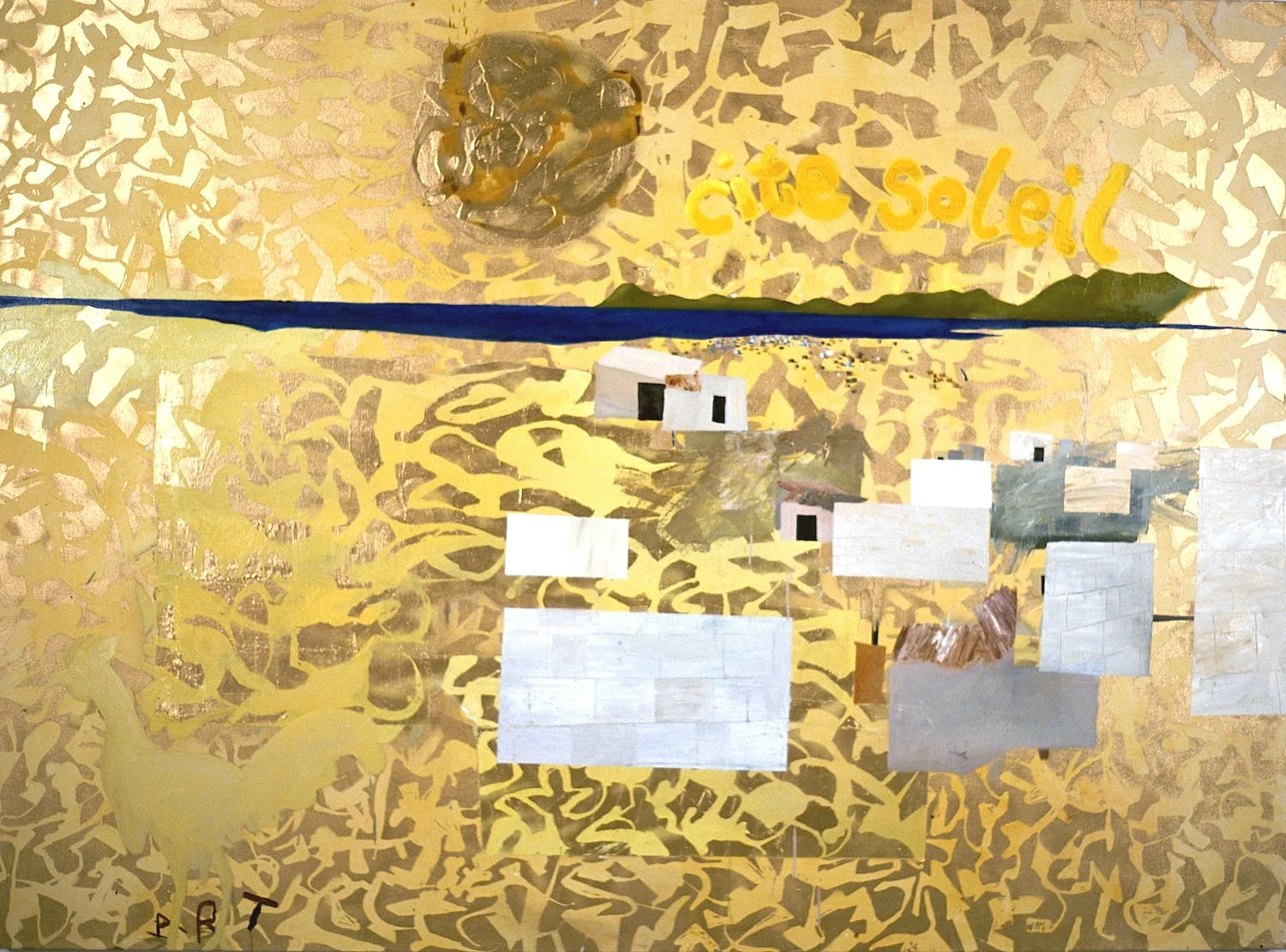Cite Soleil , 2001, latex adhesive, oil paint and spray enamel on canvas, 72 x 96 inches (destroyed)