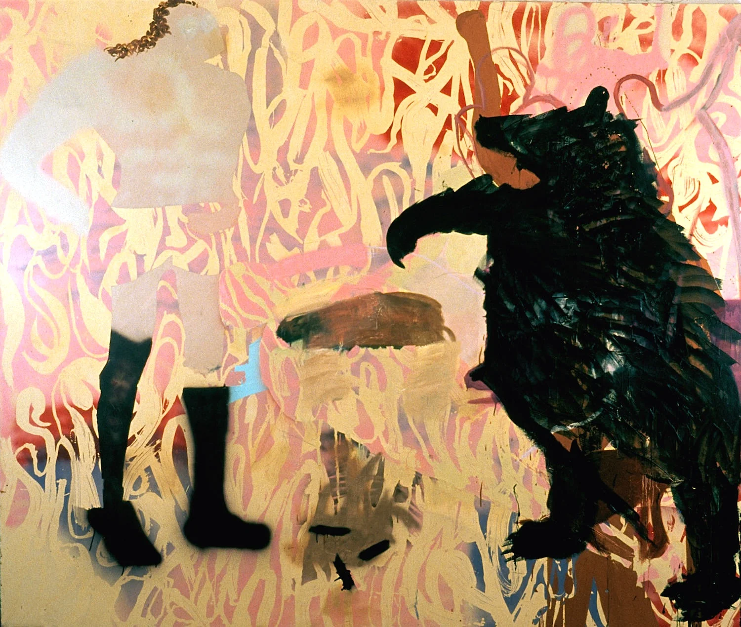 The Wrestlers , 2001, oil paint and spray enamel on canvas, 84 x 108 inches