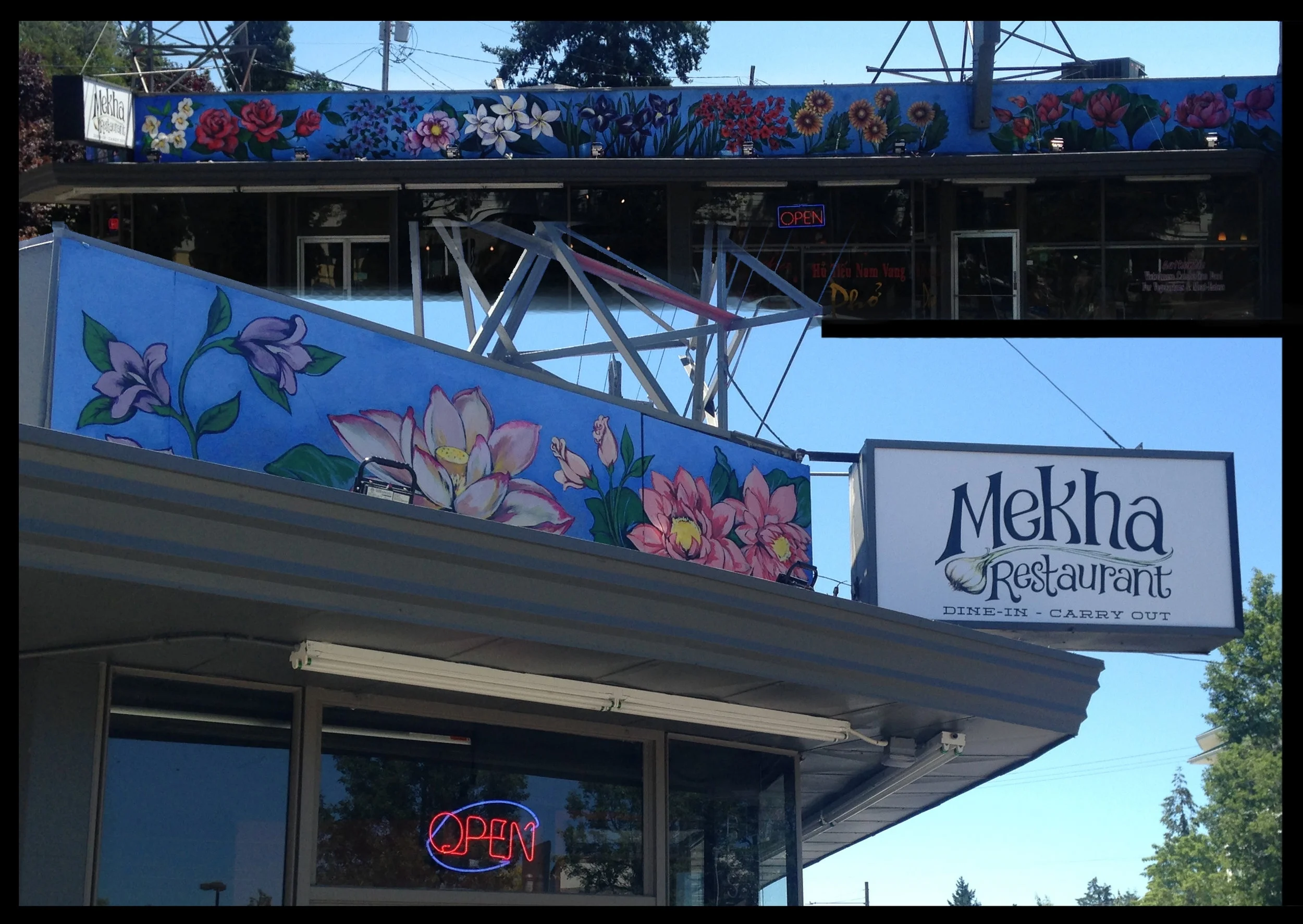 Details from the front side of Mekha Restaurant, with the sign