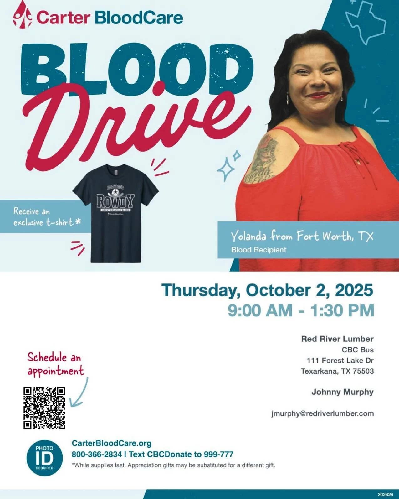 Join us for a Carter BloodCare Blood Drive at Red River Lumber on:
📅 Thursday, October 2, 2025
🕘 9:00 AM &ndash; 1:30 PM
📍 111 Forest Lake Dr, Texarkana, TX

All donors will receive an exclusive &ldquo;Let&rsquo;s Get Rowdy&rdquo; t-shirt (while s